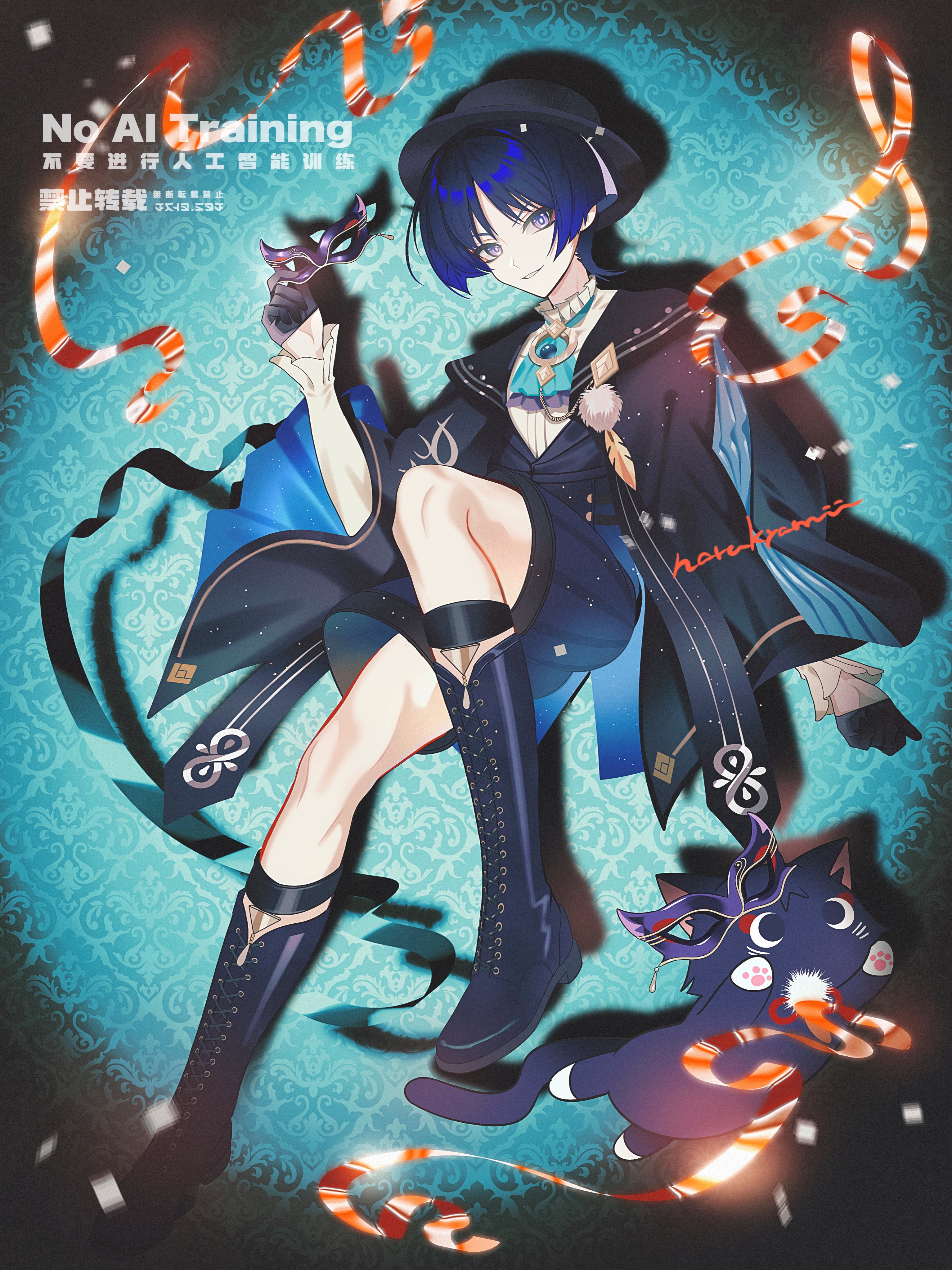 naru9, scaramouche (cat) (genshin impact), scaramouche (genshin impact), wanderer (genshin fes 2026) (genshin impact), wanderer (genshin impact), genshin impact, absurdres, commentary request, highres, 1boy, aiguillette, alternate costume, animalization, arm at side, artist name, ascot, black cat, black coat, black gloves, black hair, black hat, black shorts, black sleeves, blue ascot, blue coat, blue gemstone, blue hair, blue sleeves, blunt ends, boater hat, boots, bright pupils, brooch, cat, cat mask, clenched hand, coat, coat on shoulders, collared shirt, drop shadow, eye mask, eyeliner, eyeshadow, feathers, formal clothes, frilled ascot, frilled shirt collar, frilled sleeves, frills, gem, gloves, gold, half gloves, hand up, hat, holding, holding mask, jewelry, knee boots, lace-up boots, layered ascot, layered sleeves, long sleeves, looking at viewer, makeup, male focus, mask, multicolored hair, parted bangs, parted lips, person and animalization, pom pom (clothes), purple ascot, purple eyes, purple mask, red eyeliner, red eyeshadow, shirt, shorts, smirk, streaked hair, tsurime, two-sided coat, two-sided fabric, two-sided sleeves, undershirt, watermark, white mouth, white pupils, white shirt, white sleeves, wispy bangs, yellow feathers