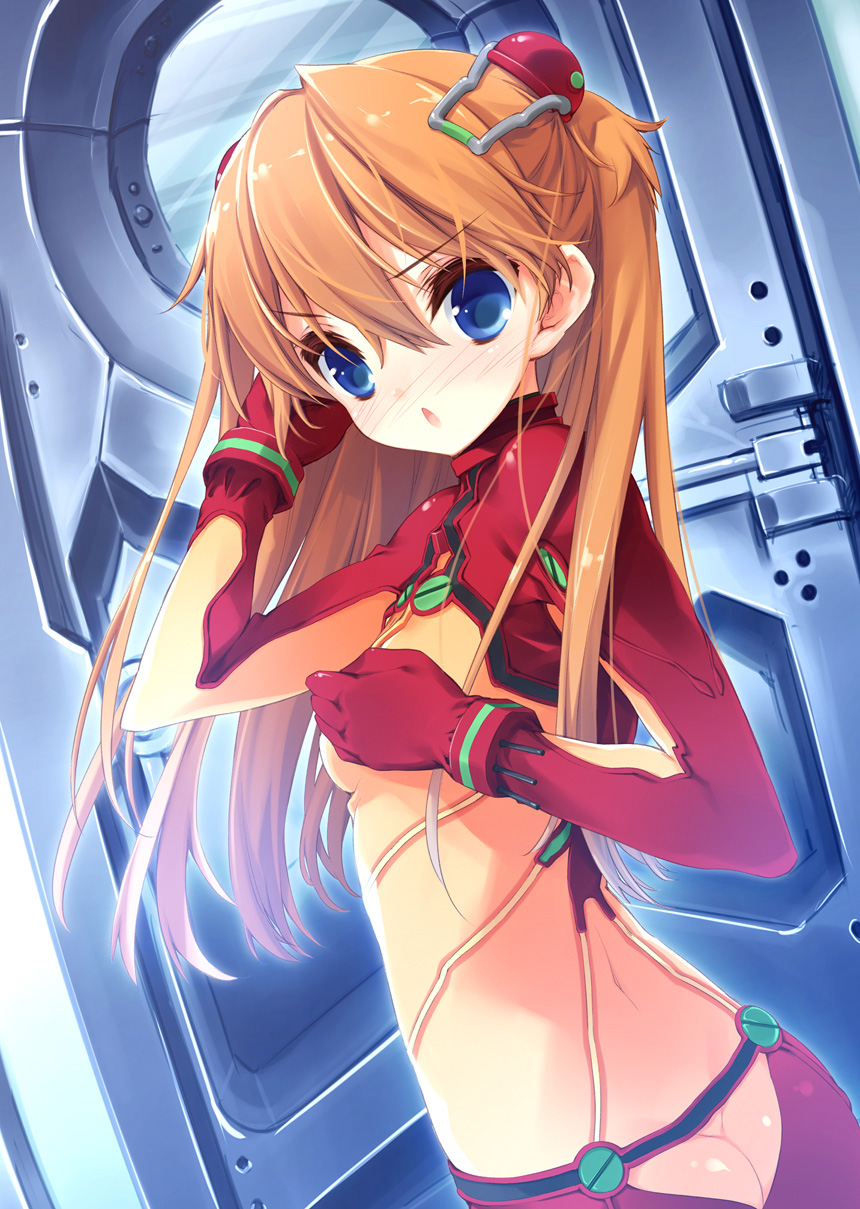 show (rinnetenshow), souryuu asuka langley, evangelion: 2.0 you can (not) advance, neon genesis evangelion, rebuild of evangelion, bad id, bad pixiv id, highres, >:o, 00s, 1girl, :o, adjusting hair, ass, blue eyes, blush, bodysuit, bracer, breasts, butt crack, chestnut mouth, cowboy shot, dutch angle, embarrassed, female focus, from side, gloves, hair ornament, hairpods, interface headset (evangelion), long hair, looking at viewer, looking back, mecha pilot suit, no panties, nose blush, open mouth, orange hair, plugsuit (evangelion), red hair, see-through clothes, skin tight, small breasts, solo, surprised, test plugsuit (evangelion), turtleneck, two side up, v-shaped eyebrows