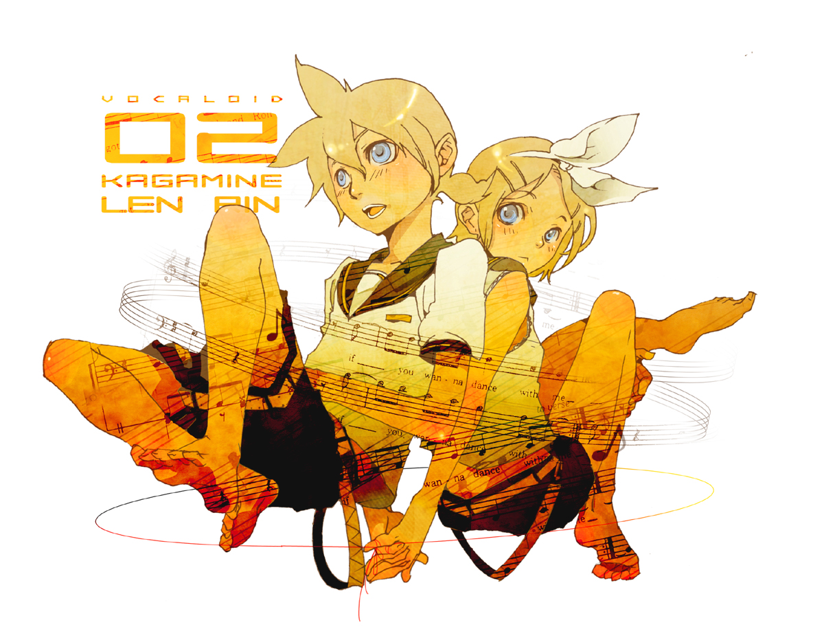 sachio, kagamine len, kagamine rin, vocaloid, 1boy, 1girl, back-to-back, barefoot, bass clef, beamed quavers, blonde hair, blue eyes, brother and sister, crotchet rest, english text, feet, hair ornament, hair ribbon, hairclip, hetero, holding hands, lyrics, musical note, quaver, quaver rest, ribbon, sharp sign, sheet music, short hair, shorts, siblings, simple background, treble clef, twins