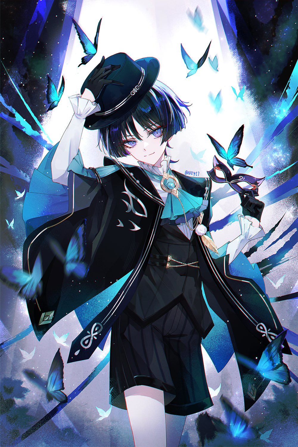 neyti (neytirv), scaramouche (genshin impact), wanderer (genshin fes 2026) (genshin impact), wanderer (genshin impact), genshin impact, commentary, english commentary, highres, 1boy, aiguillette, alternate costume, aqua ascot, aqua gemstone, ascot, black coat, black gloves, black hair, black hat, black shorts, black sleeves, black vest, blue butterfly, blue coat, blue sleeves, blunt ends, boater hat, brooch, bug, butterfly, cat mask, choppy bangs, closed mouth, coat, coat on shoulders, collared shirt, colored skin, domino mask, dress shirt, eye mask, eyelashes, eyeliner, eyeshadow, feathers, formal clothes, frilled ascot, frilled shirt collar, frilled sleeves, frills, gem, gloves, gold, half gloves, hands up, hat, hat tip, head tilt, holding, holding mask, insect, jewelry, lapels, layered ascot, layered sleeves, long eyelashes, long sleeves, looking at viewer, makeup, male focus, mask, multicolored hair, pom pom (clothes), purple ascot, purple eyes, purple hair, purple mask, red eyeliner, red eyeshadow, shirt, short over long sleeves, short sleeves, shorts, smile, solo, split mouth, streaked hair, tsurime, twitter username, two-sided coat, two-sided fabric, two-sided sleeves, undershirt, vest, vision (genshin impact), white shirt, white skin, white sleeves, yellow feathers