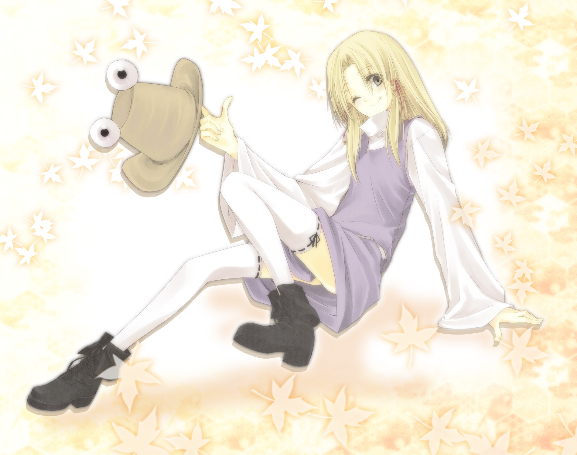 shiren, shiren (monochrome structure), moriya suwako, touhou, bad id, bad pixiv id, highres, 1girl, arm support, blonde hair, boots, female focus, full body, hat, holding, holding unworn clothes, holding unworn hat, one eye closed, short hair, simple background, smile, solo, thighhighs, unworn hat, unworn headwear, wink, yellow eyes