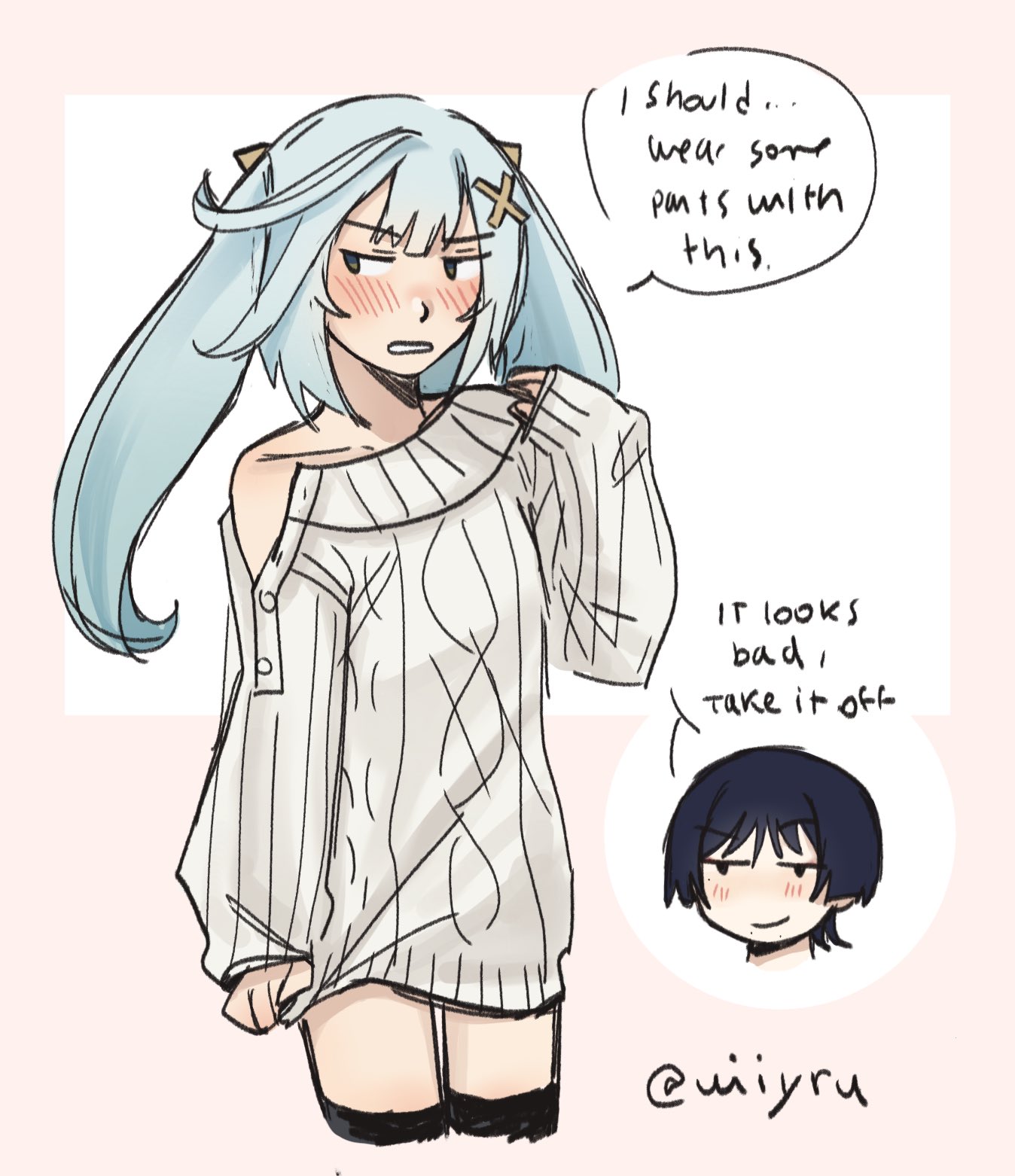 faruzan (genshin impact), scaramouche (genshin impact), genshin impact, highres, 1boy, 1girl, alternate costume, aqua hair, averting eyes, black eyes, black hair, black thighhighs, blunt bangs, blunt ends, blush, border, brown eyes, cable knit, casual, center-flap bangs, closed mouth, clothes tug, collarbone, contemporary, cowlick, cropped legs, disembodied head, embarrassed, english text, gold, hair ornament, hand up, long hair, long sleeves, looking at another, naked sweater, open mouth, pink border, ribbed sleeves, sidelocks, single bare shoulder, single off shoulder, smile, speech bubble, sweater, sweater tug, thighhighs, twintails, twitter username, uiiyru, white background, white mouth, white sleeves, white sweater, wispy bangs, x hair ornament, zettai ryouiki