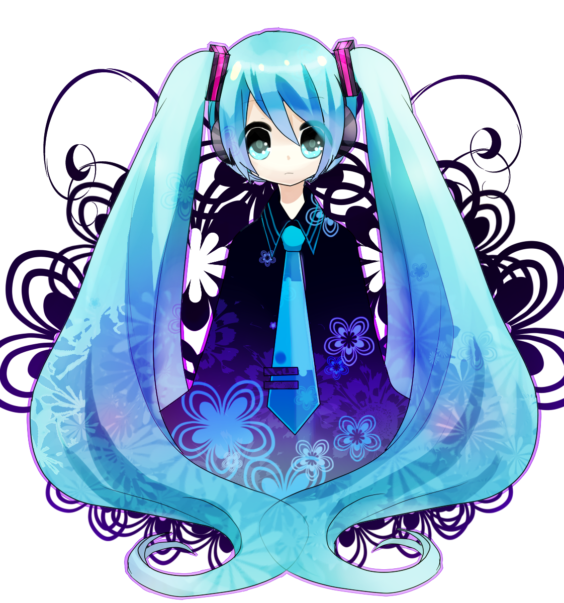 sahana ito, hatsune miku, vocaloid, bad id, bad pixiv id, highres, 1girl, aqua eyes, aqua hair, female focus, headphones, long hair, necktie, solo, twintails, very long hair