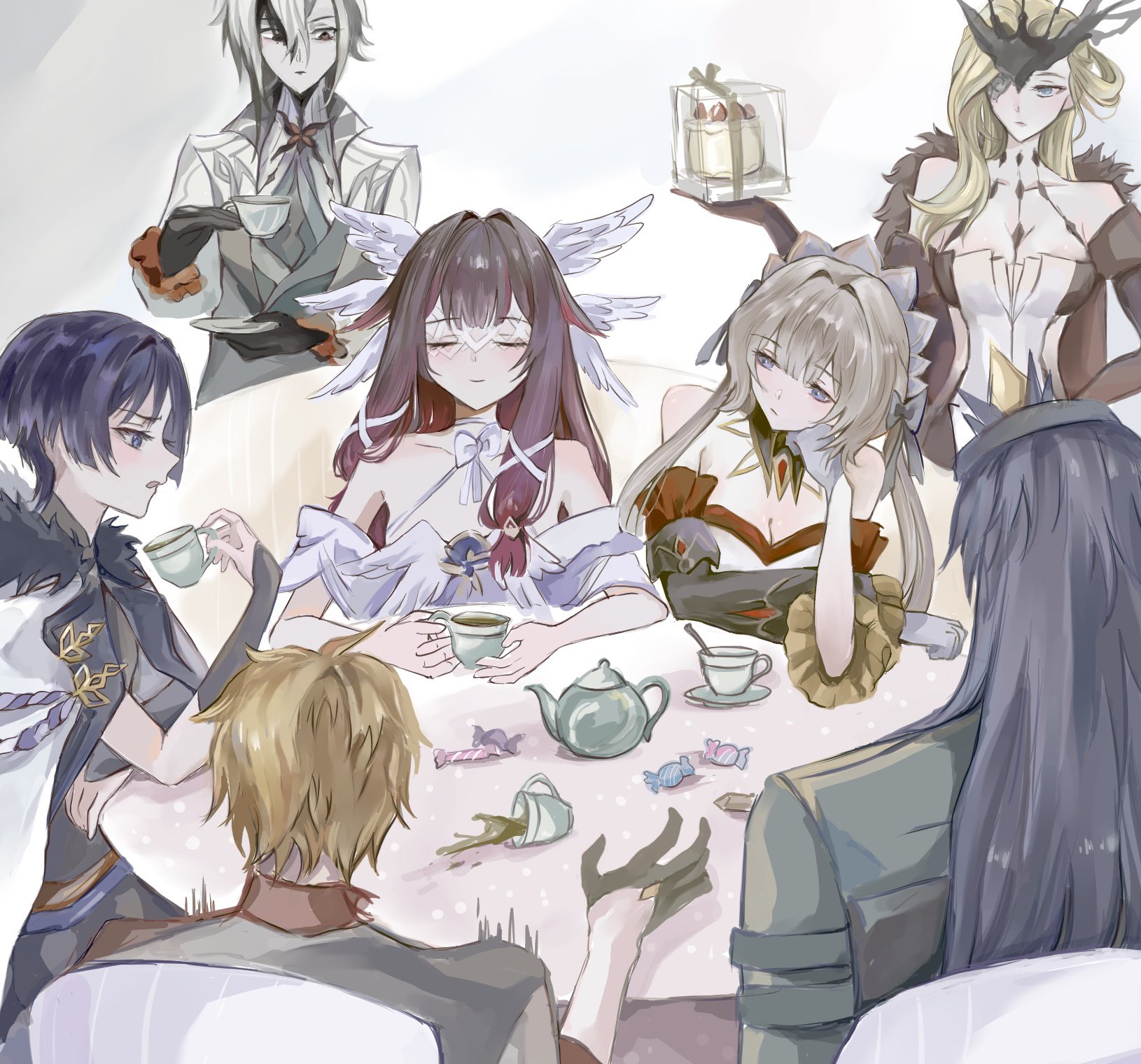 renyupa, arlecchino (genshin impact), capitano (genshin impact), columbina (genshin impact), sandrone (genshin impact), scaramouche (genshin impact), signora (genshin impact), tartaglia (genshin impact), genshin impact, hashtag-only commentary, highres, 3boys, 4girls, aiguillette, arm rest, armor, asymmetrical bangs, bangs pinned back, black bra, black collar, black eyes, black gloves, black hair, black hands, black mask, black shirt, black sleeves, blonde hair, blue eyes, blunt bangs, bow, bowtie, bra, breasts, brown hair, cake, candy, candy wrapper, center-flap bangs, choker, cleavage, closed eyes, closed mouth, clothing cutout, coat, coat on shoulders, collar, collarbone, colored extremities, cup, detached collar, detached sleeves, dress, elbow gloves, elbow rest, eye mask, eyelashes, eyes visible through eyewear, facing viewer, fatui coat, feathered wings, food, frilled sleeves, frills, from behind, fur-trimmed coat, fur collar, fur trim, gloves, grey shirt, grey vest, hair between eyes, hair intakes, hair ornament, hair ribbon, half eye mask, half gloves, half mask, hand on own cheek, hand on own face, hand on own hip, head rest, head wings, holding, holding cup, japanese armor, kettle, kote, kurokote, lapels, long hair, long sidelocks, mandarin collar, mask, multicolored hair, multiple boys, multiple girls, multiple wings, off-shoulder dress, off shoulder, open clothes, open coat, orange hair, plate, purple hair, purple rope, purple sash, red hair, red sash, ribbon, rope, sash, shimenawa, shirt, short hair, short hair with long locks, side cutout, sidelocks, sitting, smile, spaghetti strap, spilling, standing, strapless, strapless dress, strawberry shortcake, streaked hair, symbol-shaped pupils, table, tea party, teacup, tress ribbon, twitching, underwear, vest, white bow, white bowtie, white choker, white coat, white dress, white gloves, white hair, white headdress, white mask, white ribbon, white rope, white sleeves, white wings, wing hair ornament, wings, x-shaped pupils