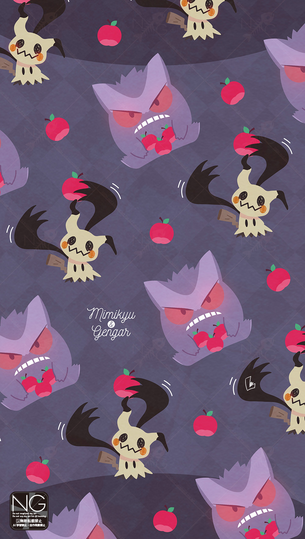 meme (sleepsheep), gengar, nintendo, pokemon, commentary, highres, symbol-only commentary, apple, claws, closed mouth, colored sclera, food, frown, fruit, gen 1 pokemon, ghost, holding, holding food, holding fruit, no humans, open mouth, pokemon (creature), pokemon focus, red eyes, red sclera, sitting, teeth