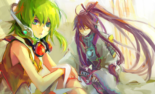 i-riya, gumi, kamui gakupo, vocaloid, bad id, bad pixiv id, ahoge, goggles, green eyes, green hair, headphones, headset, long hair, midriff, ponytail, purple hair, short hair, wrist cuffs