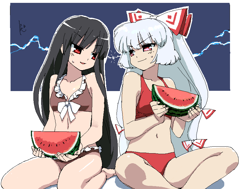 tonbi, fujiwara no mokou, houraisan kaguya, touhou, silver hair, bad id, bad pixiv id, 2girls, annoyed, bikini, black hair, confrontation, eye contact, female focus, food, fruit, hair ribbon, holding, holding food, holding fruit, holding watermelon, lightning glare, long hair, looking at another, multiple girls, oekaki, red eyes, ribbon, sitting, smirk, sweatdrop, swimsuit, watermelon