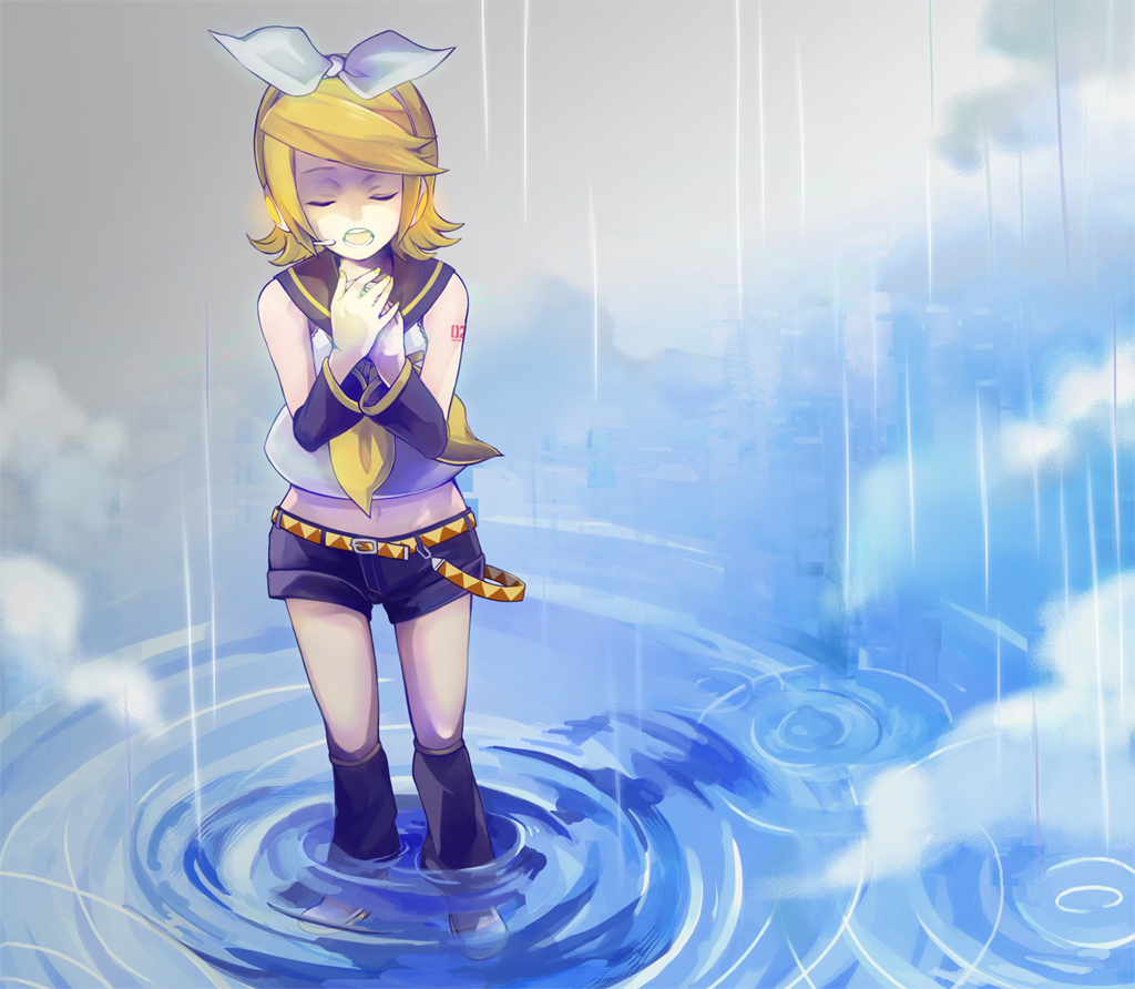 azsio, nn nn, kagamine rin, vocaloid, 1girl, blonde hair, closed eyes, female focus, hair ornament, hair ribbon, hairclip, headphones, headset, midriff, rain, reflection, reflective liquid, ribbon, short hair, shorts, solo, water