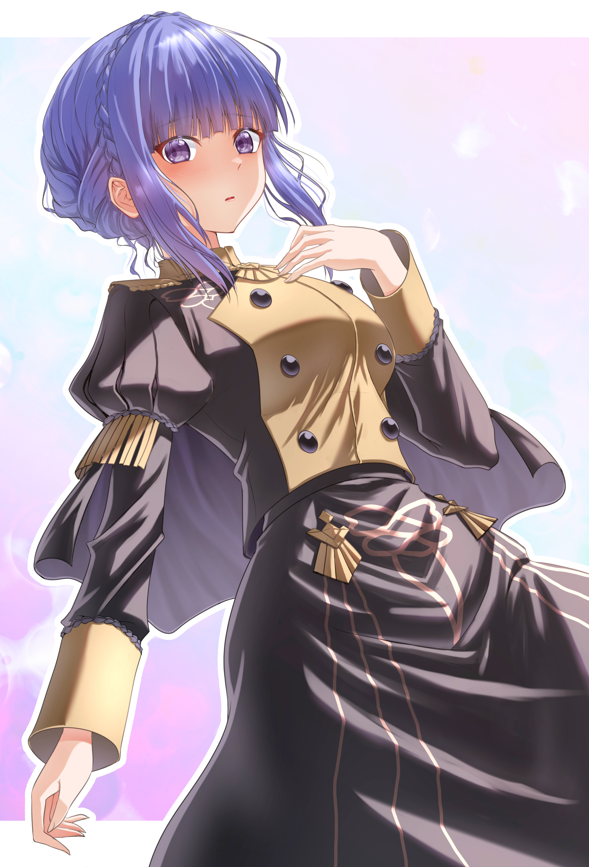 marianne von edmund, fire emblem, fire emblem: three houses, nintendo, absurdres, commentary request, highres, 1girl, black capelet, blue hair, blush, braid, breasts, brown eyes, capelet, crown braid, epaulettes, garreg mach monastery uniform, long sleeves, looking at viewer, medium breasts, medium hair, parted lips, solo, wade (njud8343)