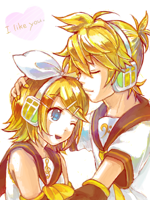 sopra, kagamine len, kagamine rin, vocaloid, bad id, bad pixiv id, 1boy, 1girl, blonde hair, blue eyes, brother and sister, closed eyes, hair ornament, hair ribbon, hairclip, headphones, necktie, one eye closed, ribbon, short hair, siblings, simple background, smile, twins, wink