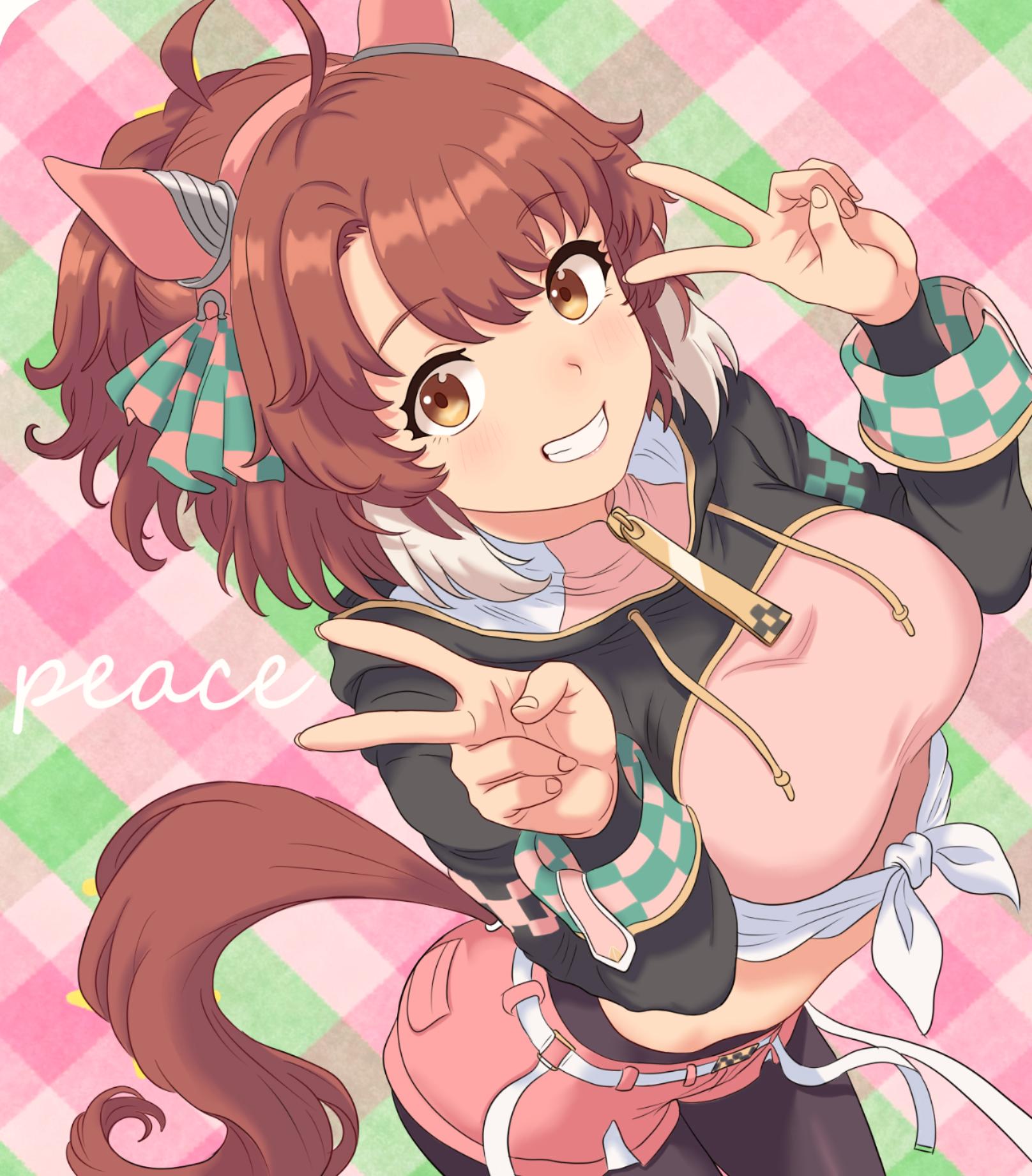 dantsu flame (center spotlight) (umamusume), dantsu flame (umamusume), umamusume, commentary request, highres, 1girl, ahoge, animal ears, black leggings, black shrug, blush, bow, breasts, brown eyes, brown hair, checkered ribbon, double v, ear covers, ear ornament, ear ribbon, grin, hair between eyes, horse ears, horse girl, horse tail, large breasts, leggings, leggings under shorts, looking at viewer, midriff, multicolored hair, open mouth, pink shirt, pink shorts, shirt, shorts, shrug (clothing), smile, solo, sorodansu, stomach, tail, teeth, tied shirt, v, white hair, white shirt