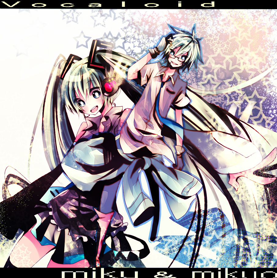 bb5, hatsune miku, hatsune mikuo, vocaloid, bad id, bad pixiv id, 1boy, 1girl, aqua eyes, aqua hair, detached sleeves, genderswap, genderswap (ftm), glasses, gloves, long hair, necktie, short hair, skirt, smile, twintails, very long hair