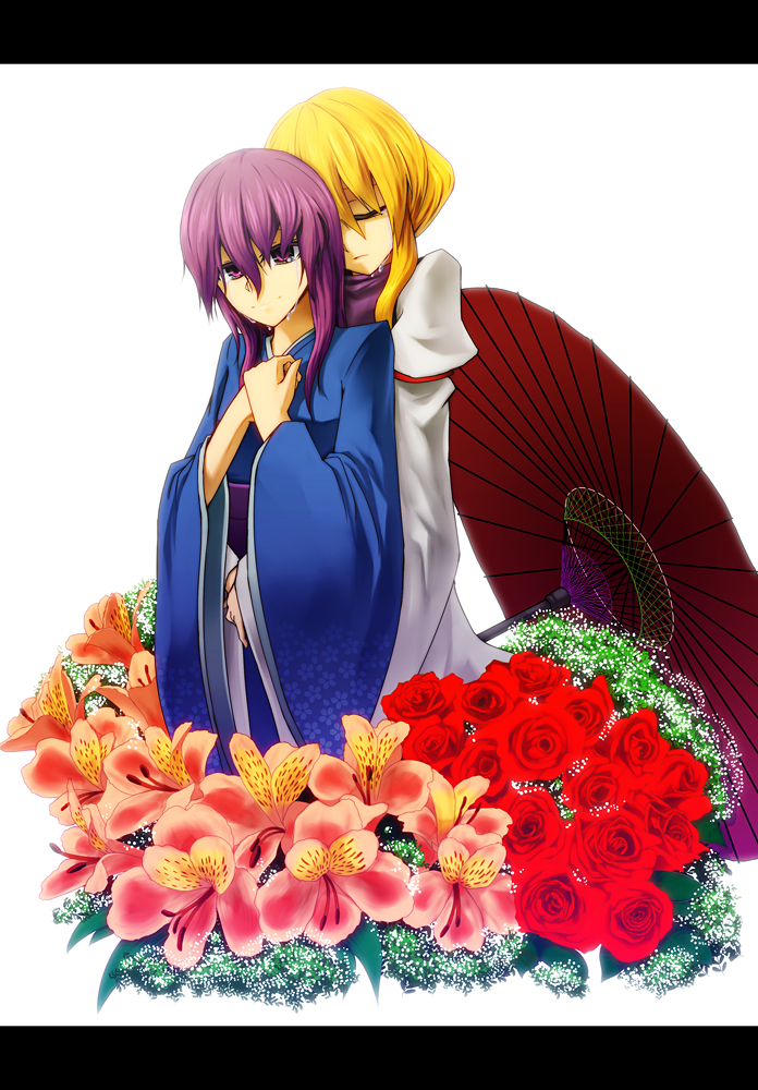 din (artist), din (flypaper), saigyouji yuyuko, yakumo yukari, touhou, bad id, bad pixiv id, 2girls, blonde hair, closed eyes, female focus, flower, hug, hug from behind, japanese clothes, kimono, letterboxed, multiple girls, no headwear, oil-paper umbrella, purple eyes, purple hair, red flower, red rose, rose, short hair, tears, umbrella