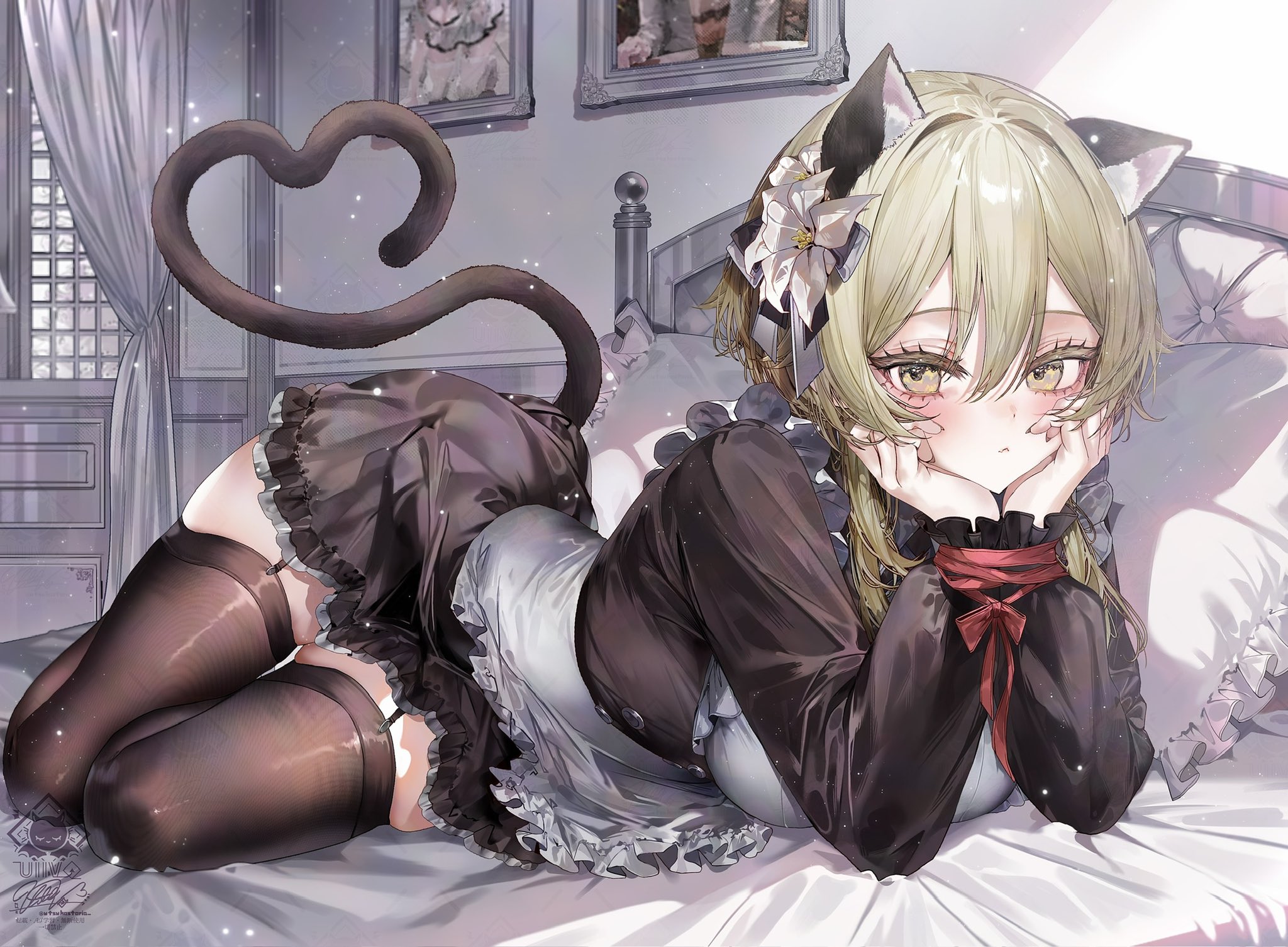 utsuhostoria, lumine (genshin impact), genshin impact, commentary request, highres, 1girl, alternate costume, animal ears, apron, arm support, black dress, black garter straps, black thighhighs, blonde hair, bound, cat ears, cat girl, cat tail, closed mouth, dress, enmaided, garter straps, hair between eyes, indoors, kemonomimi mode, long sleeves, maid, on bed, pillow, short hair, solo, tail, thighhighs, tied up (nonsexual), white apron, yellow eyes
