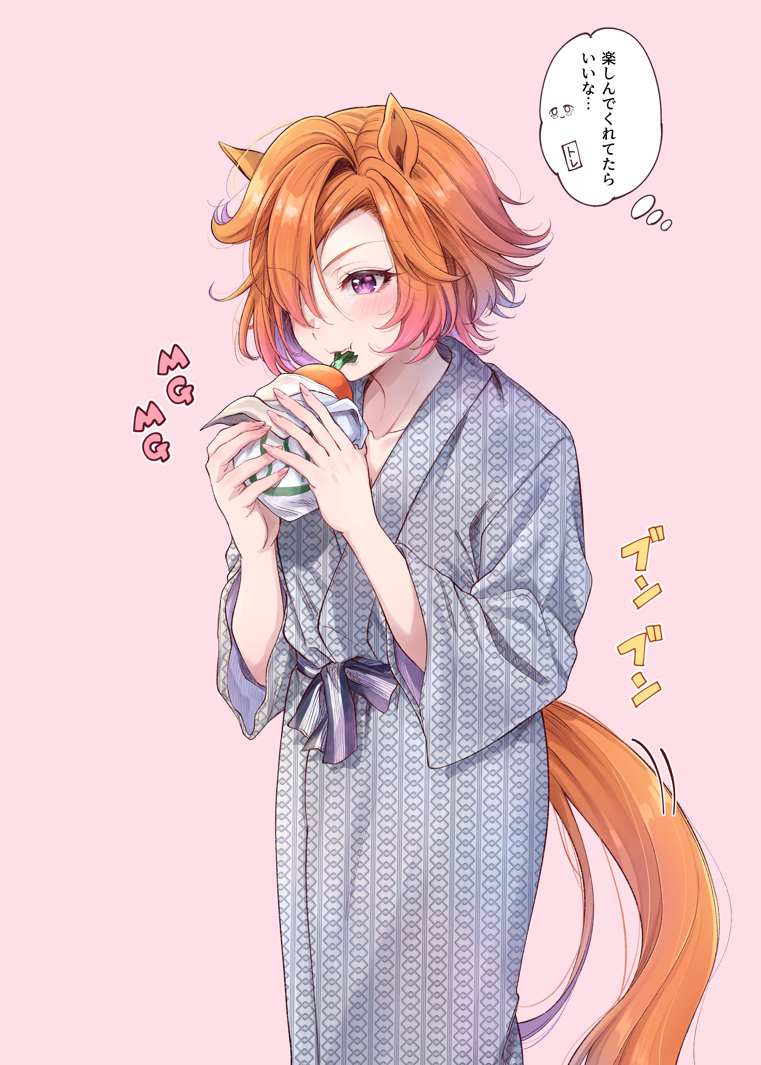 akari 0313, t.m. opera o (umamusume), umamusume, absurdres, commentary request, highres, 1girl, alternate costume, animal ears, bath yukata, blush, breasts, carrot, collarbone, eating, food, grey kimono, hair between eyes, hair over one eye, holding, holding food, horse ears, horse girl, horse tail, japanese clothes, kimono, long sleeves, orange hair, orange tail, pink background, purple eyes, short hair, solo, speech bubble, tail, yukata