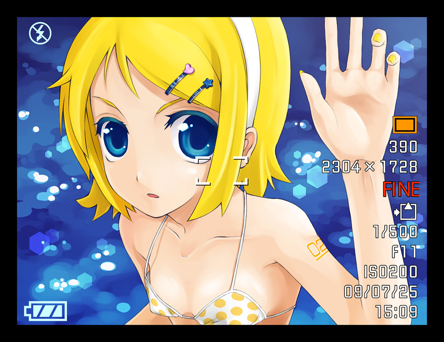 mitsunari, kagamine rin, project diva, project diva (series), vocaloid, 1girl, bikini, blonde hair, blue eyes, camcorder, close-up, female focus, hair ornament, hairclip, short hair, solo, swimsuit, video camera, viewfinder