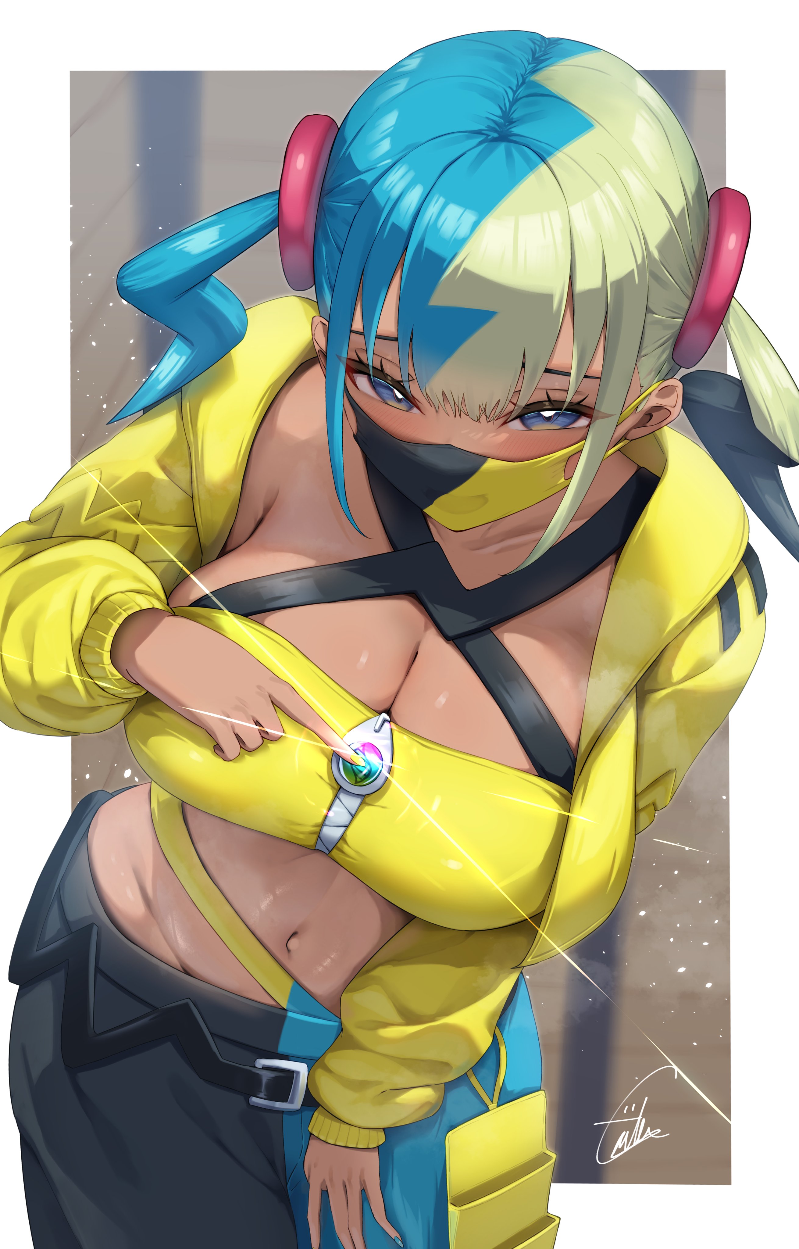 enoha, canari (pokemon), nintendo, pokemon, pokemon legends: z-a, absurdres, commentary request, highres, 1girl, aqua hair, bandeau, belt, black belt, black mask, blonde hair, blue eyes, blush, breasts, cleavage, collarbone, criss-cross straps, dark-skinned female, dark skin, glowing, jacket, large breasts, long sleeves, looking at viewer, mask, mega stone, mouth mask, multicolored hair, navel, pants, short twintails, solo, split-color hair, sports bra, stomach, twintails, two-tone hair, two-tone mask, two-tone pants, yellow bandeau, yellow jacket, yellow mask, yellow sports bra