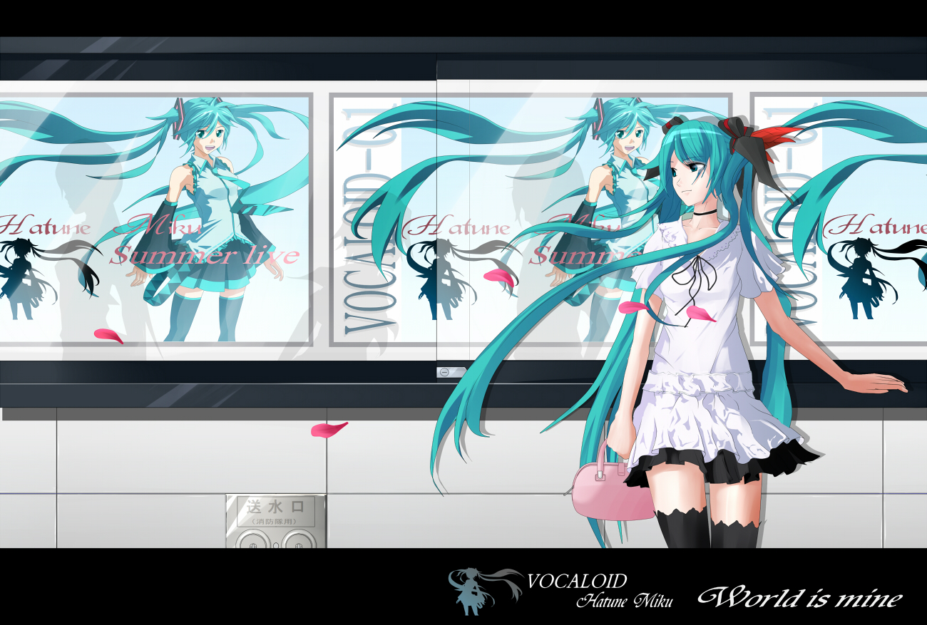eto, hatsune miku, vocaloid, world is mine (vocaloid), 1girl, aqua eyes, aqua hair, bag, female focus, hair ribbon, long hair, petals, ribbon, skirt, smile, solo, thighhighs, twintails, very long hair, zettai ryouiki