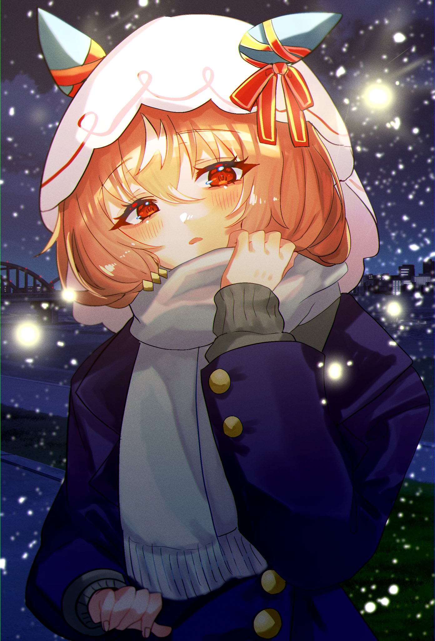 disney o626, still in love (umamusume), umamusume, commentary request, highres, 1girl, animal ears, blue coat, blue scarf, blush, bow, brown hair, buttons, coat, double-breasted, ear covers, ear ribbon, hair between eyes, horse ears, horse girl, looking at viewer, night, outdoors, parted lips, red eyes, scarf, school uniform, solo, tracen school uniform, tracen winter coat, upper body, veil, white streaks, white veil, winter clothes, winter coat