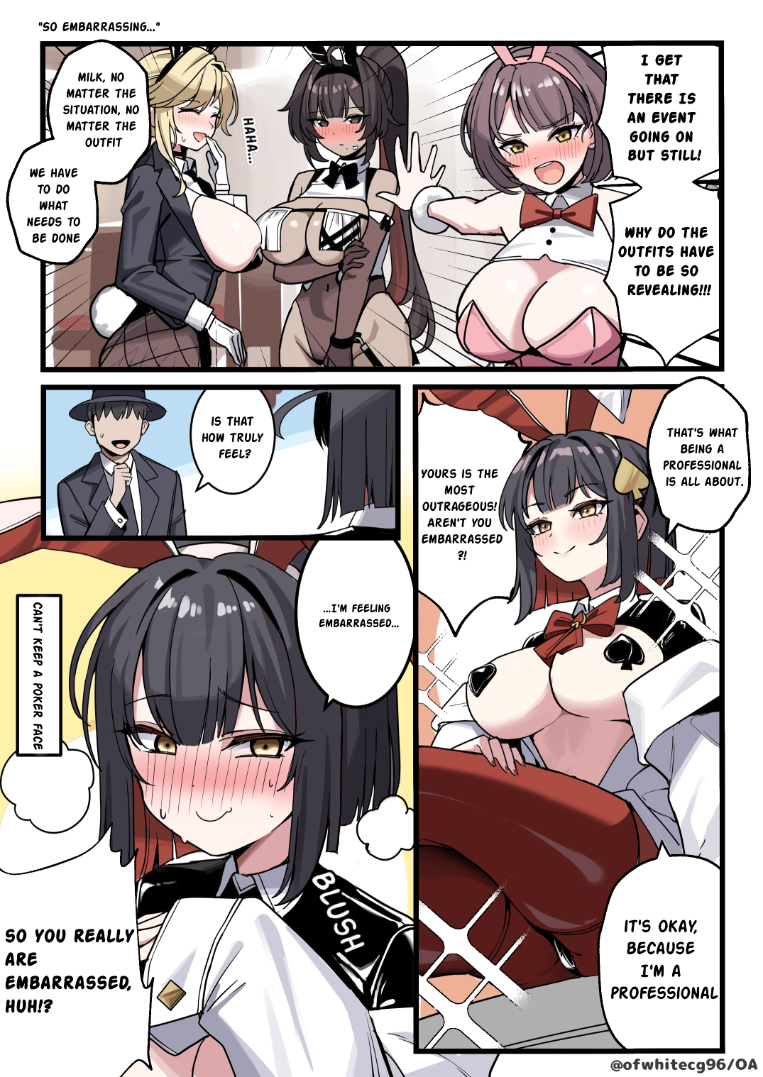 o-los, ade (agent bunny) (nikke), ade (nikke), bay (nikke), bay (radiant rabbit) (nikke), commander (nikke), milk (blooming bunny) (nikke), milk (nikke), rouge (nikke), rouge (unlucky rabbit) (nikke), goddess of victory: nikke, translated, 1boy, 4girls, animal ears, black hair, blush, breast curtains, closed eyes, closed mouth, comic, cowboy shot, dark-skinned female, dark skin, embarrassed, fake animal ears, formal clothes, gloves, high ponytail, jacket, leotard, long sleeves, multicolored hair, multiple girls, nervous smile, official alternate costume, pasties, pink leotard, playboy bunny, ponytail, rabbit ears, red hair, revealing clothes, reverse bunnysuit, reverse outfit, short hair, sitting, smile, speech bubble, standing, suit, two-tone hair, white gloves, white jacket