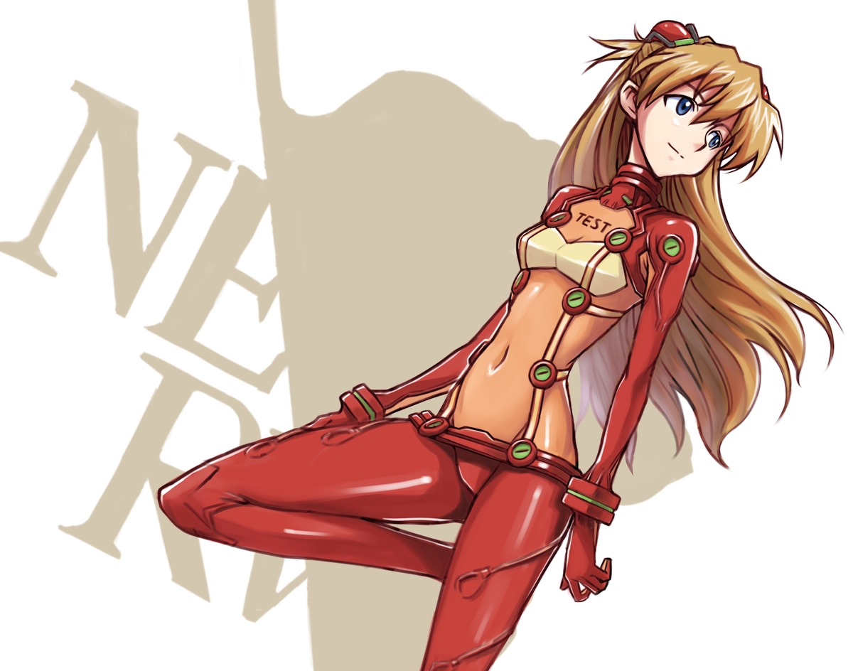 ohtsukiya, souryuu asuka langley, evangelion: 2.0 you can (not) advance, neon genesis evangelion, rebuild of evangelion, light brown hair, 00s, 1girl, blue eyes, bodysuit, bracer, breasts, brown hair, clothes writing, covered navel, dutch angle, english text, female focus, from side, gloves, hair between eyes, hair ornament, hairpods, hip focus, interface headset (evangelion), leg up, light smile, logo, long hair, looking to the side, mecha pilot suit, nerv, plugsuit (evangelion), red bodysuit, see-through clothes, skinny, small breasts, smile, solo, test plugsuit (evangelion), turtleneck, two side up
