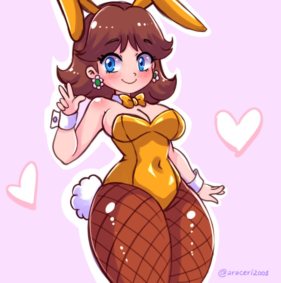 araceri, princess daisy, mario (series), nintendo, 1girl, animal ears, blue eyes, blush, bow, bowtie, breasts, brown hair, brown pantyhose, cleavage, detached collar, earrings, fake animal ears, fake tail, fishnet pantyhose, fishnets, flower earrings, freckles, heart, jewelry, leotard, long hair, looking at viewer, medium breasts, pantyhose, pink background, playboy bunny, princess, rabbit ears, rabbit tail, smile, standing, tail, thick thighs, thighs, v, wide hips, wrist cuffs, yellow bow, yellow bowtie, yellow leotard