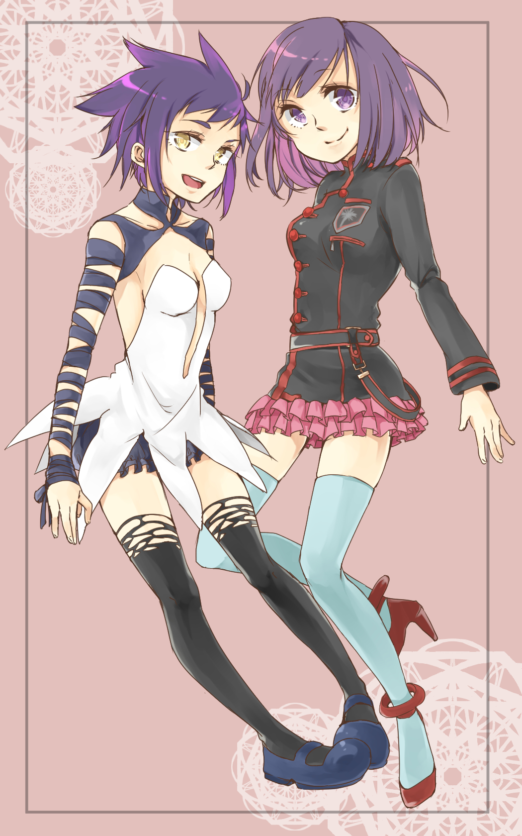 akatsuki kouya, lenalee lee, road kamelot, d.gray-man, commentary request, highres, 2girls, abstract background, anklet, arm ribbon, backless dress, backless outfit, badge, belt, black belt, black jacket, black order uniform, black ribbon, black shorts, black thighhighs, blue shoes, blue thighhighs, bob cut, border, breasts, buttons, cleavage, collarbone, cross, dress, facing viewer, frilled shorts, frills, high heels, horizontal-striped belt, jacket, jewelry, legs, long sleeves, looking at viewer, mary janes, messy hair, military, military uniform, miniskirt, multiple girls, neck ribbon, noah (d.gray-man), open mouth, outside border, pink background, pink skirt, pleated skirt, purple eyes, purple hair, red shoes, ribbon, shoes, short dress, short hair, shorts, shoulder ribbon, sidelocks, skirt, sleeveless, sleeveless dress, small breasts, smile, spiked hair, strapless, strapless dress, striped belt, striped clothes, striped jacket, thighhighs, thighs, torn clothes, torn thighhighs, turtleneck, turtleneck jacket, vertical-striped clothes, vertical-striped jacket, white dress, wrist ribbon, yellow eyes, zettai ryouiki