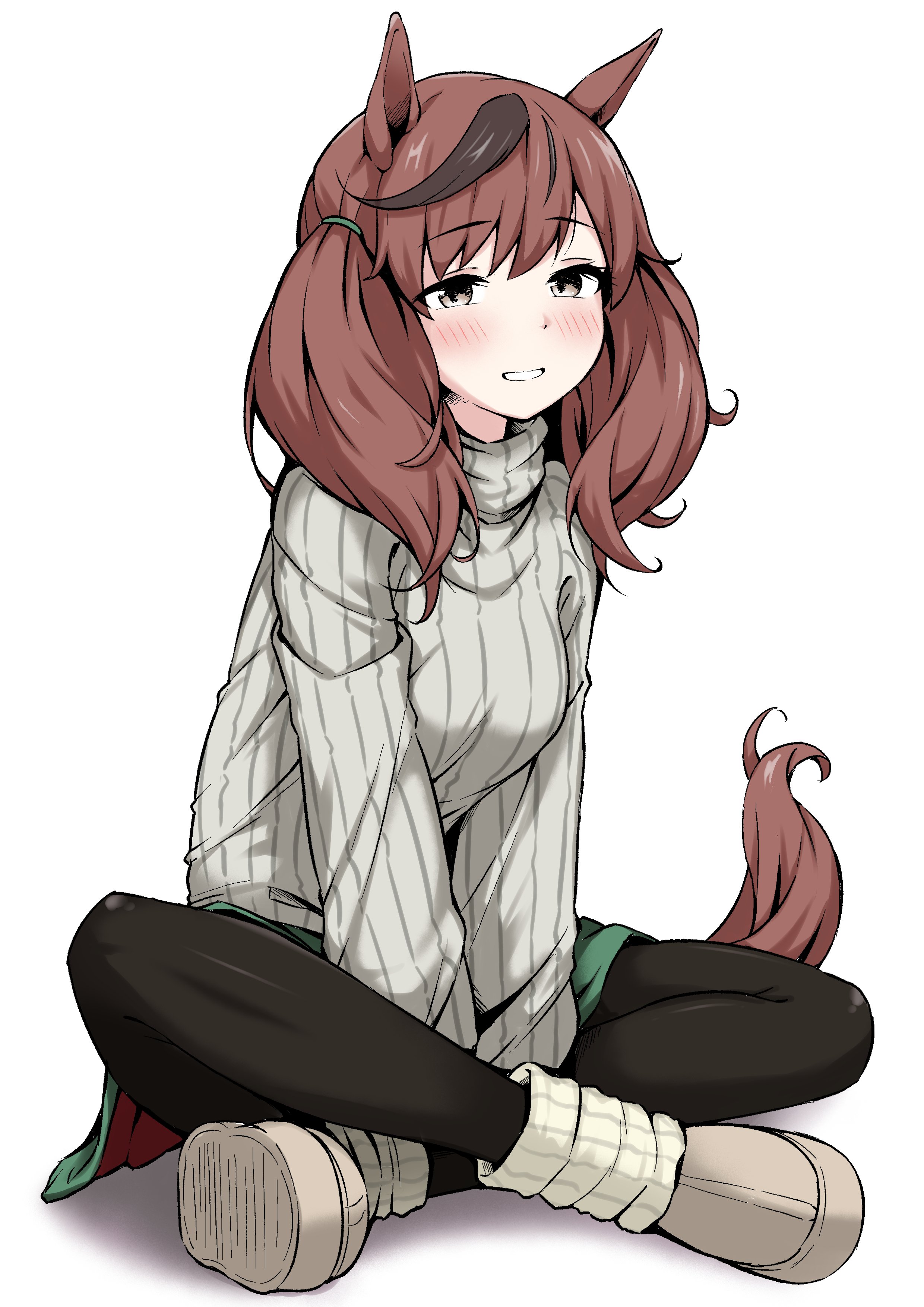 shijimi (sijimi1917), nice nature (umamusume), umamusume, absurdres, commentary request, highres, 1girl, animal ears, black leggings, blush, boots, breasts, brown eyes, brown hair, crossed arms, crossed legs, green shorts, horse ears, horse girl, horse tail, leggings, leggings under shorts, long sleeves, looking at viewer, medium breasts, medium hair, multicolored hair, open mouth, ribbed socks, ribbed sweater, shorts, simple background, sitting, smile, socks, solo, streaked hair, sweater, tail, teeth, twintails, white background, white socks, white sweater