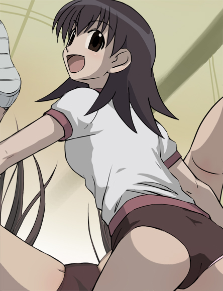 haruyama kazunori, mizuhara koyomi, takino tomo, azumanga daiou, 2girls, :d, ass, black hair, buruma, exercising, gym uniform, long hair, multiple girls, open mouth, panties, panties under buruma, panty slip, sexually suggestive, smile, spread legs, stretching, underwear, yuri