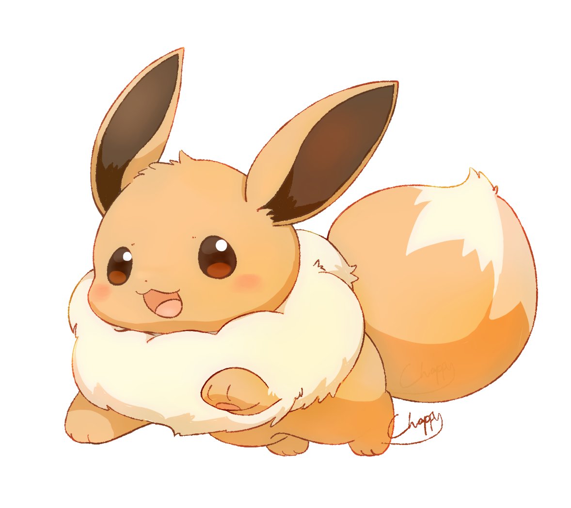 mimix, eevee, nintendo, pokemon, commentary request, animal focus, blush, brown eyes, brown fur, fluffy, full body, gen 1 pokemon, no humans, open mouth, pokemon (creature), pokemon focus, simple background, smile, solo, tail, white background
