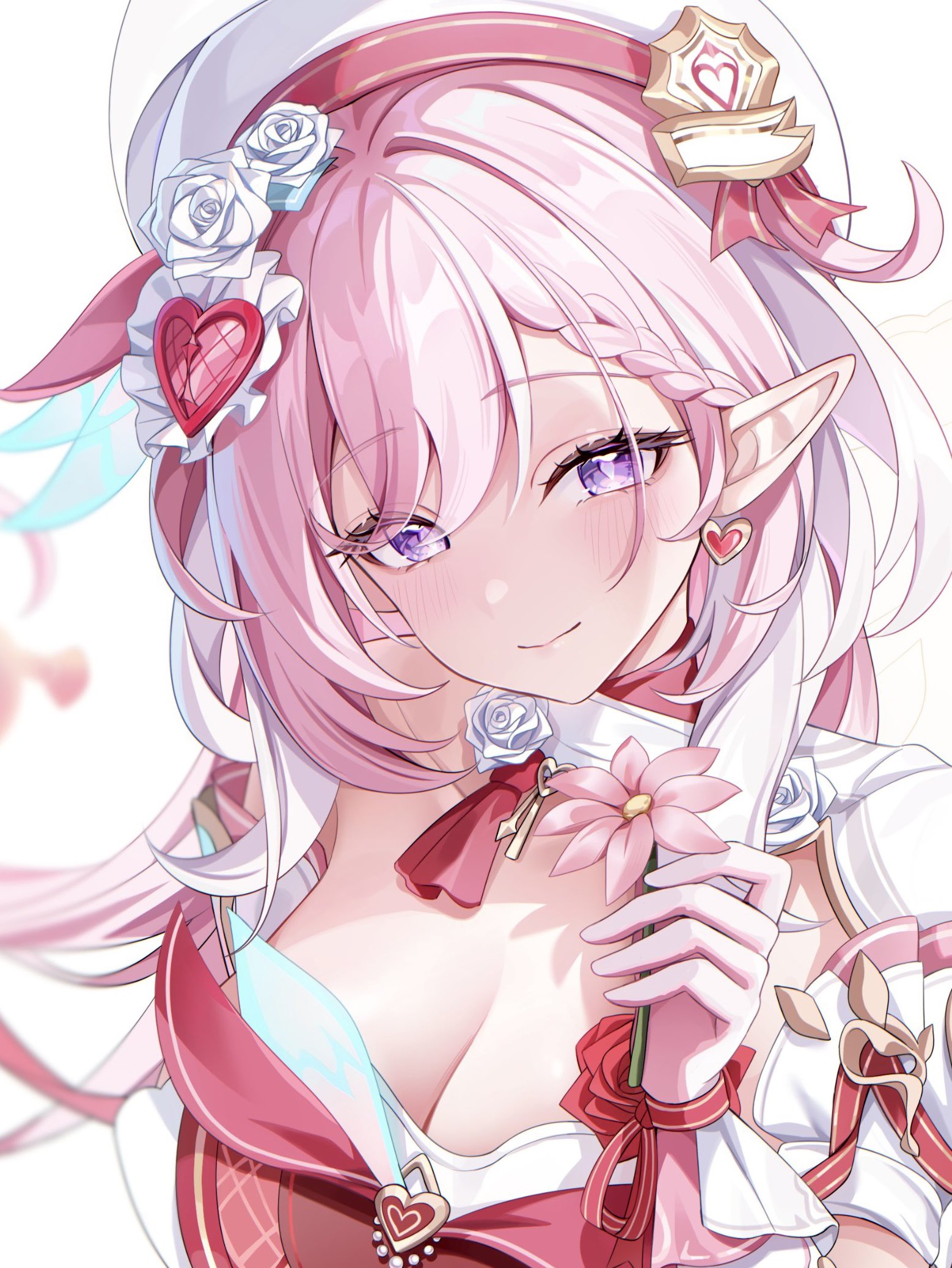 aida noa, elysia (honkai impact), elysia (miss pink elf) (honkai impact), honkai (series), honkai impact 3rd, commentary request, highres, unfinished, 1girl, beret, blush, braid, braided bangs, breasts, cleavage, closed mouth, collarbone, diamond-shaped pupils, diamond (shape), earrings, flower, gloves, hair ornament, hand up, hat, heart, heart earrings, heart hair ornament, holding, holding flower, jewelry, large breasts, long hair, looking at viewer, pink hair, pointy ears, purple eyes, simple background, smile, solo, symbol-shaped pupils, upper body, white background, white gloves, white hat