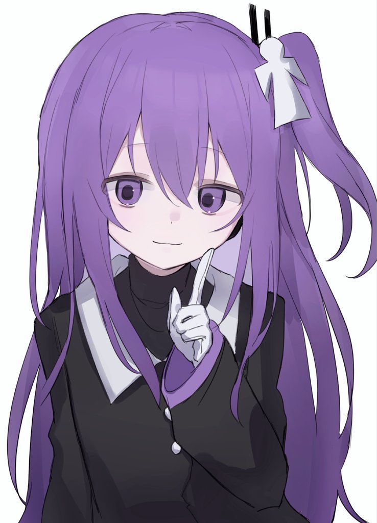 tsukumo shion, utau, hashtag-only commentary, 1girl, :3, arazan (ara arazan24), black dress, black shirt, collar, contrast collar, dress, finger to own chin, gloves, hair between eyes, hair ornament, hand up, index finger raised, long hair, long sleeves, looking at viewer, one side up, purple eyes, purple hair, radio antenna, shikigami, shirt, simple background, smile, solo, turtleneck, turtleneck shirt, undershirt, upper body, white background, white collar, white gloves