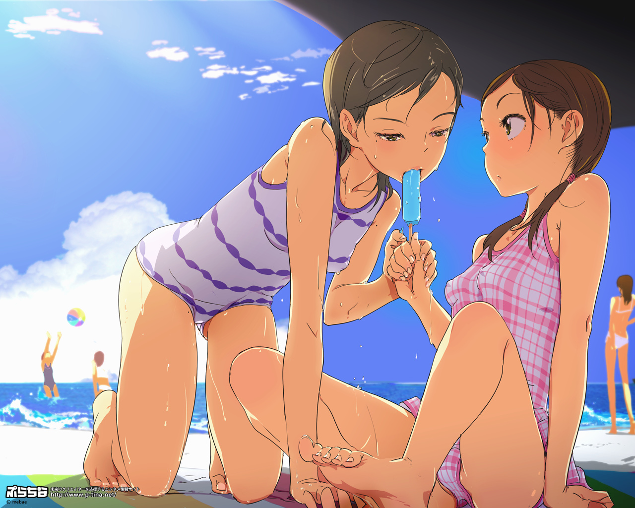 mebae, original, 2girls, all fours, arm support, ball, bare legs, bare shoulders, barefoot, beach, blurry, blush, breasts, casual one-piece swimsuit, cloud, collarbone, covered erect nipples, day, depth of field, fingernails, food, gluteal fold, groin, half-closed eyes, holding hands, jitome, lips, long hair, low twintails, mole, mole under eye, multiple girls, nipples, ocean, one-piece swimsuit, outdoors, plaid one-piece swimsuit, popsicle, sexually suggestive, shade, sitting, sky, small breasts, soles, spread legs, striped clothes, striped one-piece swimsuit, summer, sunlight, swept bangs, swimsuit, tareme, toenails, toes, twintails, water, watermark, web address, wet