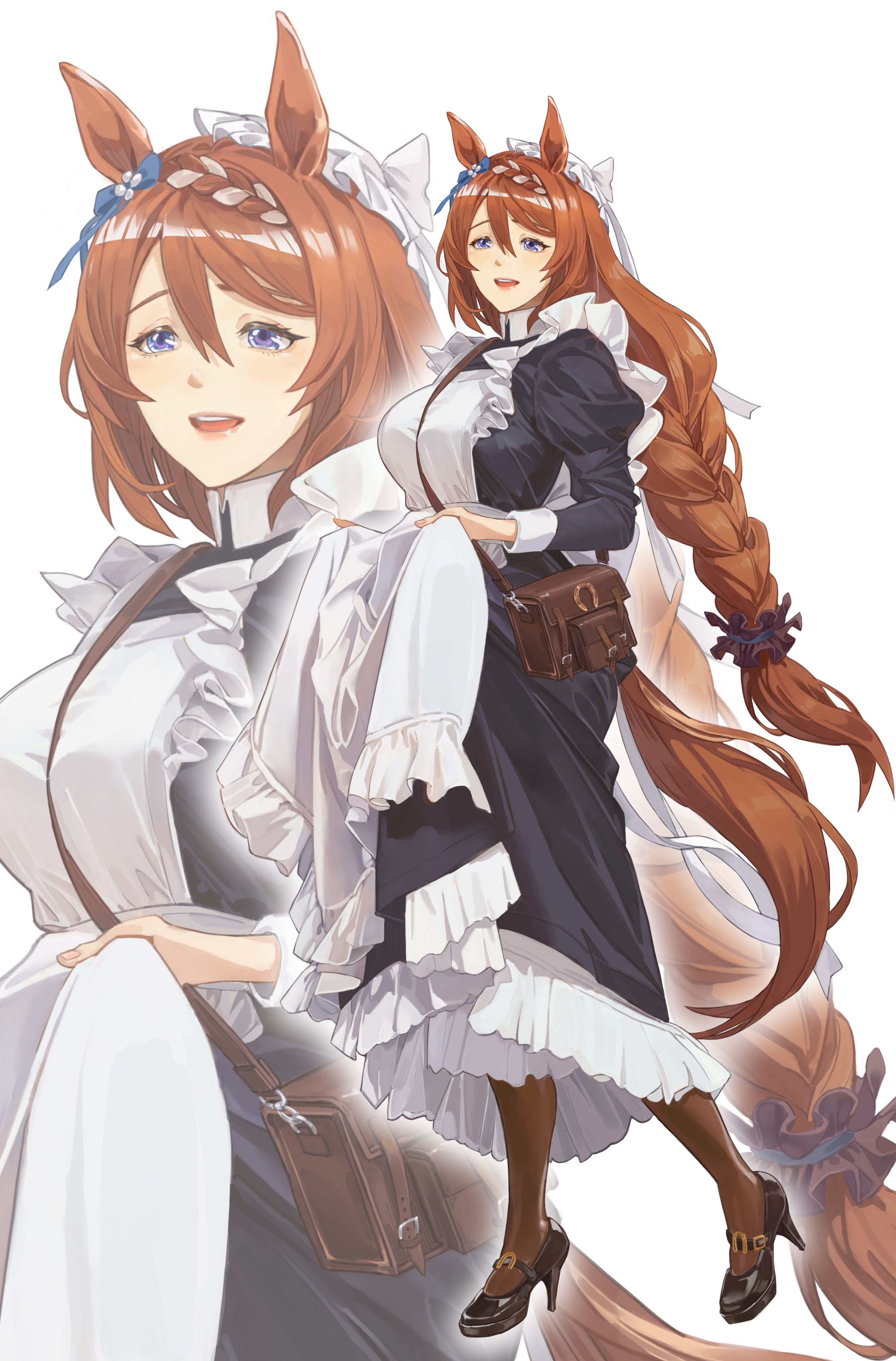 ak8531848, super creek (umamusume), umamusume, absurdres, highres, 1girl, alternate costume, animal ears, apron, bag, black dress, black pantyhose, blue eyes, blush, bow, braid, braided ponytail, breasts, brown hair, dress, ear bow, hair between eyes, high heels, horse ears, horse girl, horse tail, large breasts, long hair, long sleeves, maid, multicolored hair, open mouth, pantyhose, shoulder bag, simple background, smile, streaked hair, tail, veil, very long hair, white apron, white background, white hair, white veil, zoom layer