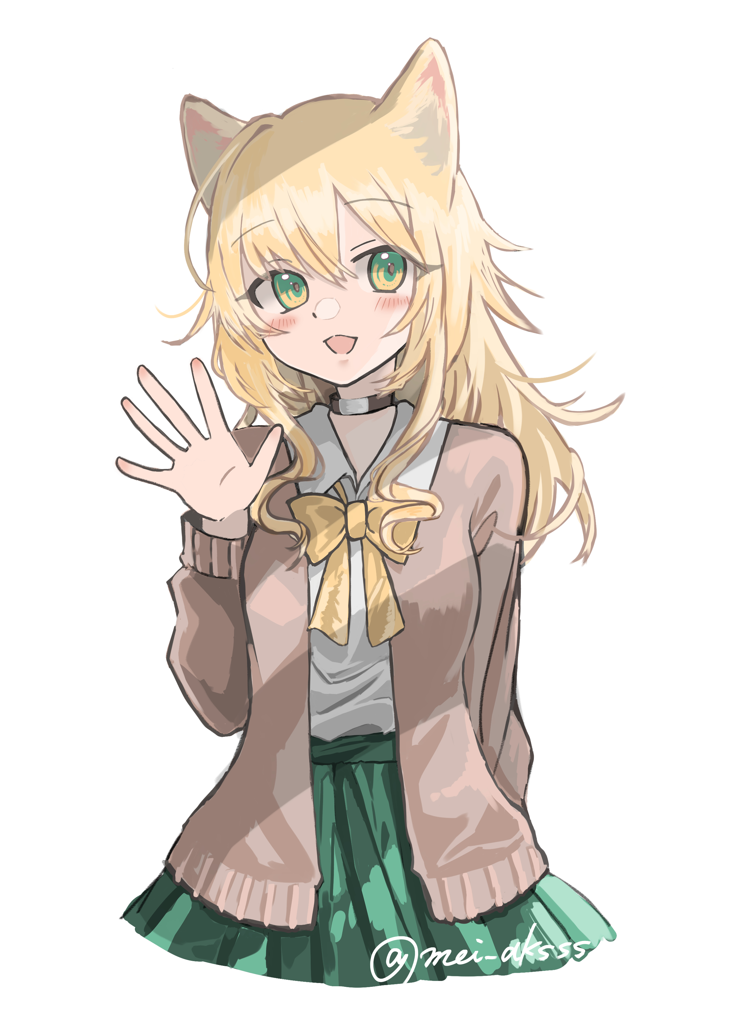 podenco (arknights), arknights, absurdres, commentary request, highres, partial commentary, 1girl, :d, animal ears, arm behind back, blonde hair, bow, bowtie, brown cardigan, cardigan, cropped legs, green eyes, green skirt, hair between eyes, long hair, long sleeves, looking at viewer, mei aksss, open cardigan, open clothes, open mouth, pleated skirt, school uniform, shirt, skirt, smile, solo, twitter username, watermark, waving, white shirt, yellow bow, yellow bowtie