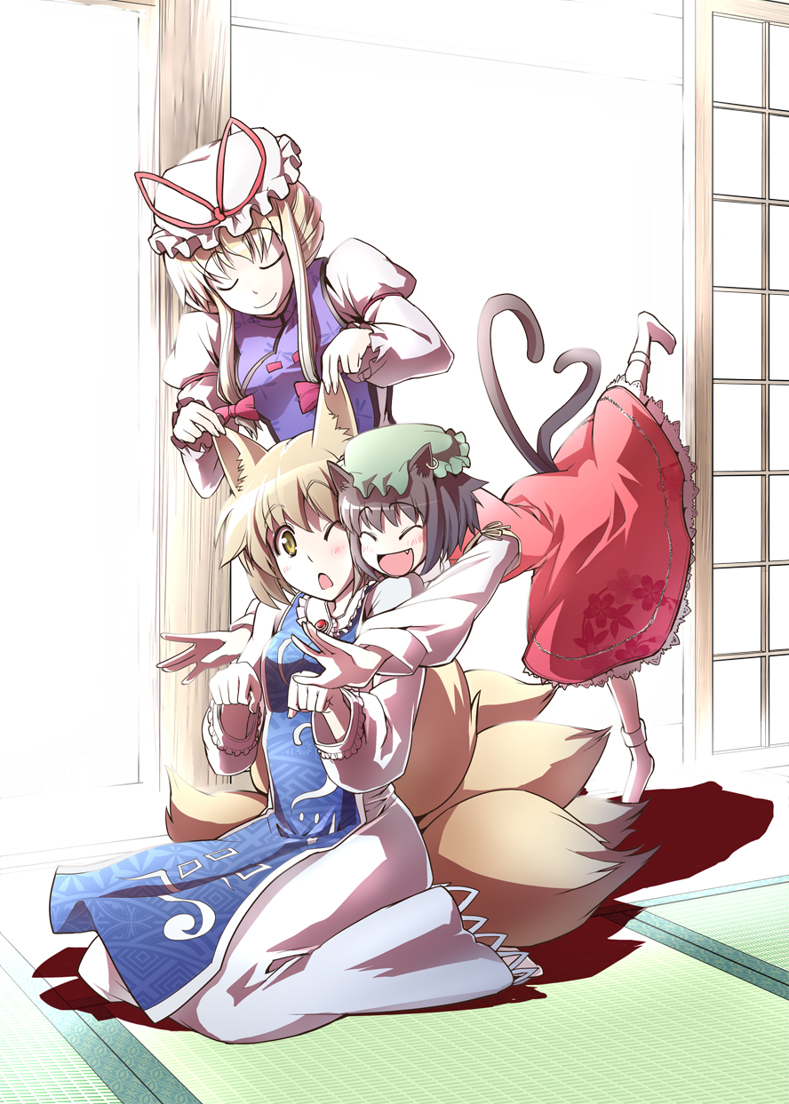 yuugo, yuugo (atmosphere), chen, yakumo ran, yakumo yukari, touhou, highres, 3girls, animal ears, blonde hair, bow, brown hair, cat ears, cat girl, cat tail, closed eyes, earrings, fang, female focus, fox ears, fox tail, hair bow, hat, heart, heart tail, hug, jewelry, juliet sleeves, long sleeves, multiple girls, multiple tails, no headwear, no nose, one eye closed, puffy sleeves, ribbon, short hair, smile, socks, tail