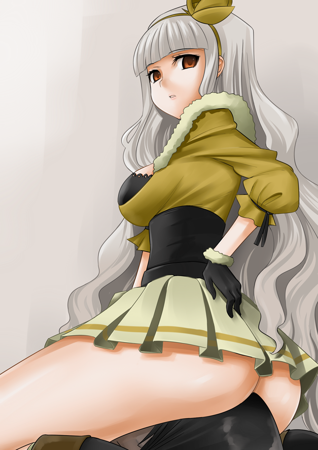 sugar (sugarless), 961 production, shijou takane, idolmaster, idolmaster (classic), idolmaster 1, silver hair, 00s, 1girl, brown eyes, gloves, grey background, hand on own ass, long hair, looking back, no panties, shaded face, simple background, sitting, sitting on face, sitting on person, skirt, solo focus, thighs, very long hair