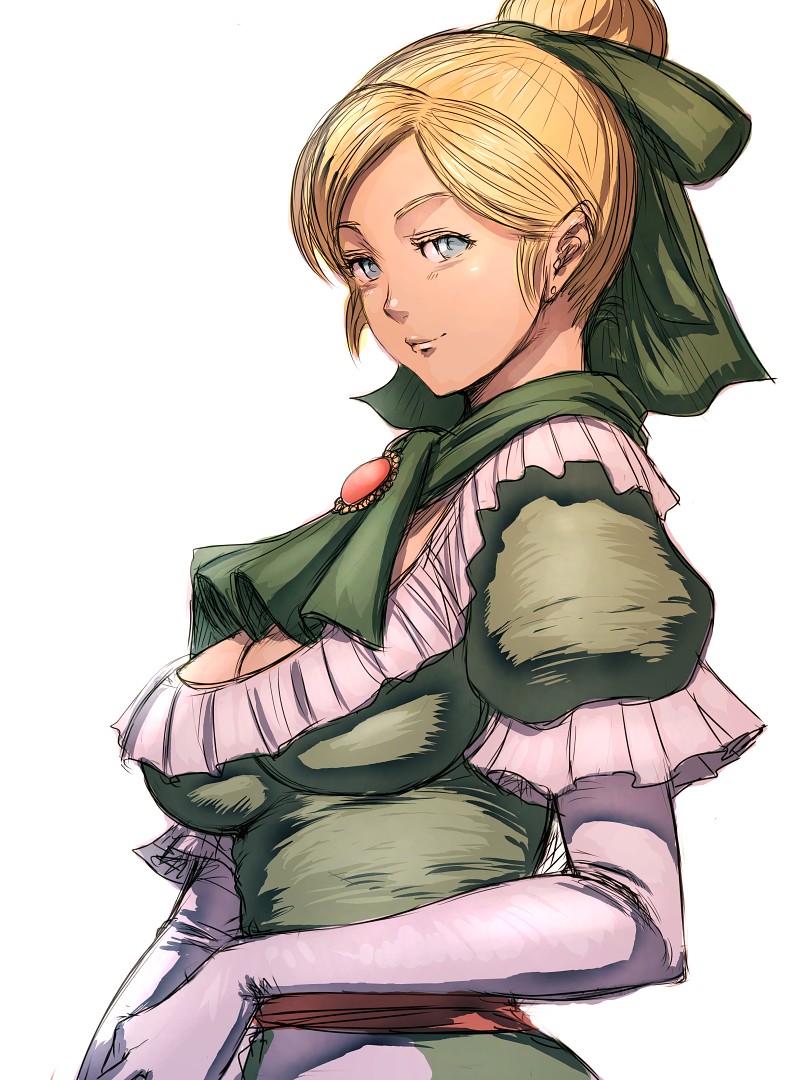 fumio (rsqkr), roxanne (dq9), dragon quest, dragon quest ix, 1girl, ascot, blonde hair, blue eyes, breasts, brooch, cleavage, closed mouth, dress, earrings, elbow gloves, female focus, frilled dress, frills, from side, gloves, green dress, green ribbon, grey eyes, hair bun, hair ribbon, jewelry, large breasts, light smile, lips, looking at viewer, parted bangs, puffy short sleeves, puffy sleeves, ribbon, sash, short hair, short sleeves, simple background, single hair bun, sketch, smile, solo, stud earrings, swept bangs, upper body, white background, white gloves