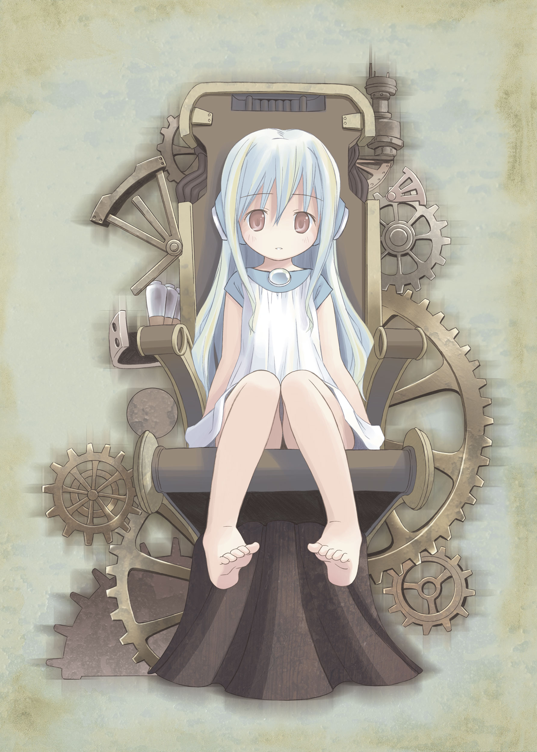 pop (electromagneticwave), flower (kowarekake), kowarekake no orgel, absurdres, highres, 1girl, barefoot, brown eyes, chair, dress, expressionless, feet, gears, headphones, legs, long hair, looking at viewer, sleeveless, sleeveless dress, soles, solo, toes, white dress, white hair