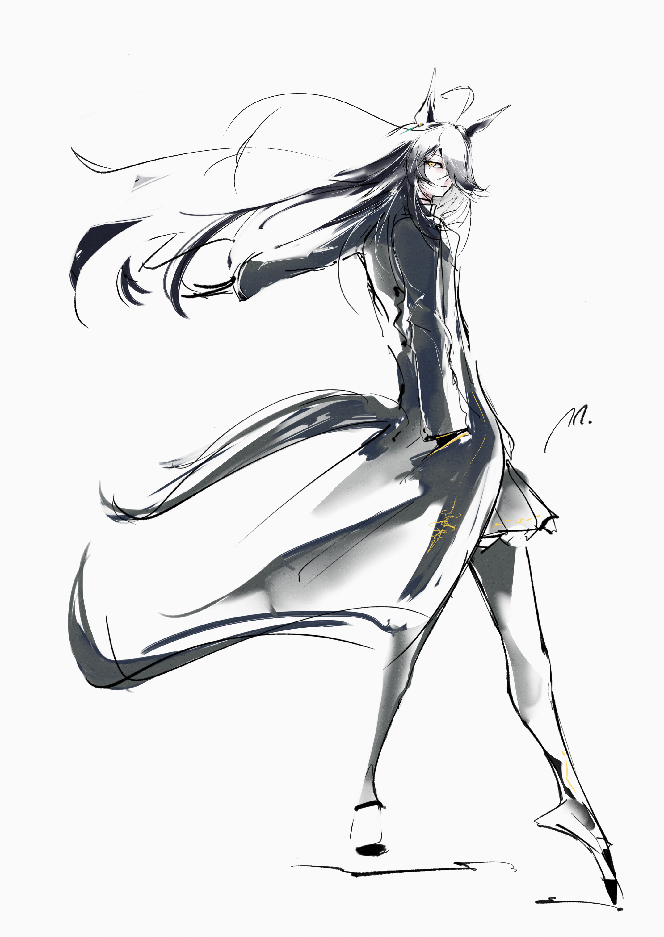 ringring (artist), manhattan cafe (umamusume), umamusume, absurdres, commentary, english commentary, highres, 1girl, ahoge, animal ears, artist name, black coat, black hair, black skirt, coat, ear ornament, ear tag, earrings, floating hair, hair over one eye, hand in pocket, horse ears, horse girl, horse tail, jewelry, long bangs, long hair, long sleeves, multicolored hair, nail polish, open clothes, open coat, signature, simple background, single earring, skirt, solo, tail, very long hair, white background, white hair