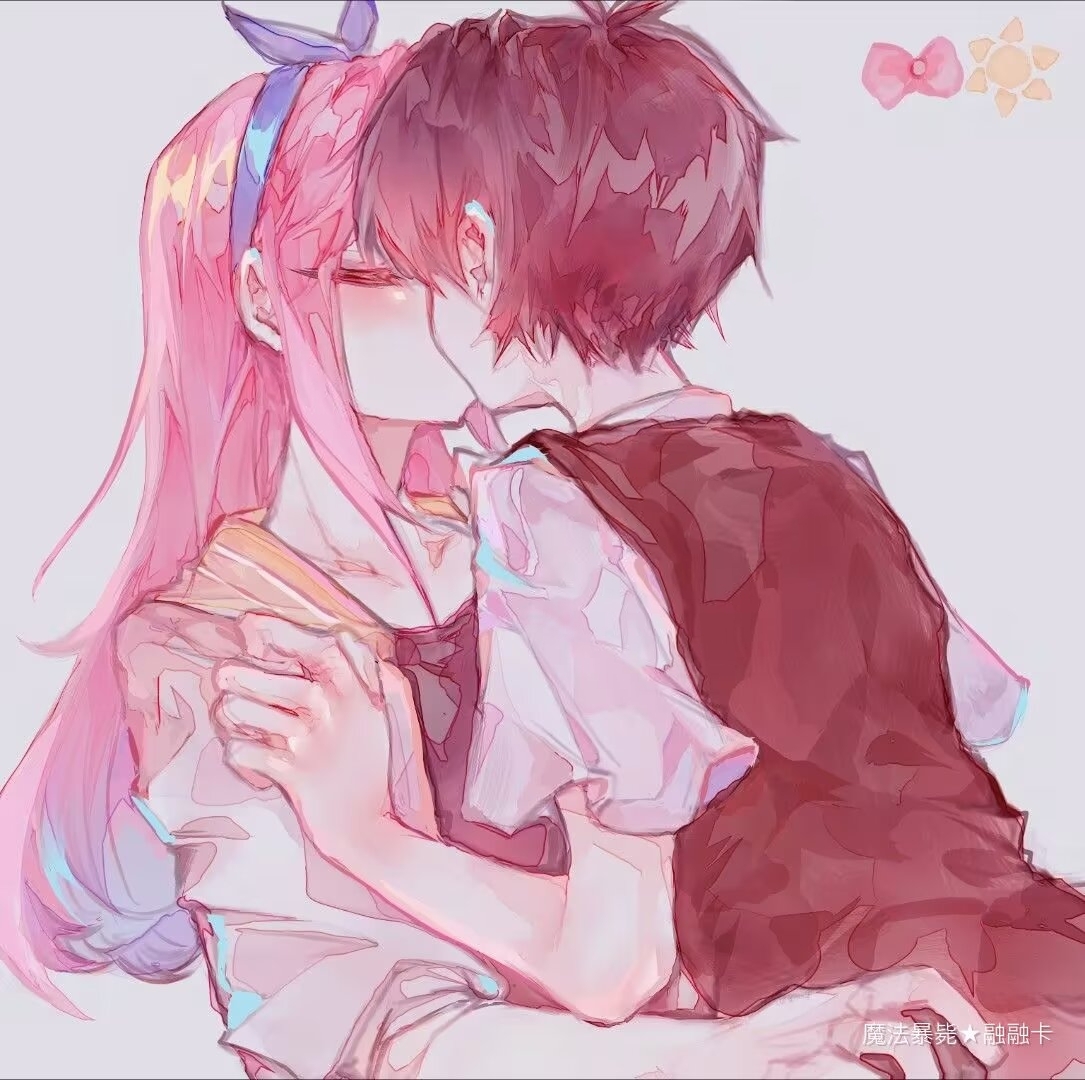 aubrey (faraway) (omori), aubrey (omori), sunny (omori), omori, chinese commentary, commentary request, translation request, 1boy, 1girl, antenna hair, bare arms, black hair, black shirt, black sweater vest, blue hairband, bow, bow hairband, chinese text, closed eyes, collarbone, collared shirt, couple, face-to-face, facing another, grey background, hairband, hetero, jacket, kiss, long hair, mellocaa, open clothes, open jacket, pale skin, pink bow, pink hair, sailor collar, shirt, short hair, short sleeves, simple background, star (symbol), sun, sweater vest, three-quarter sleeves, u u, upper body, very short hair, white jacket, white shirt, yellow sailor collar