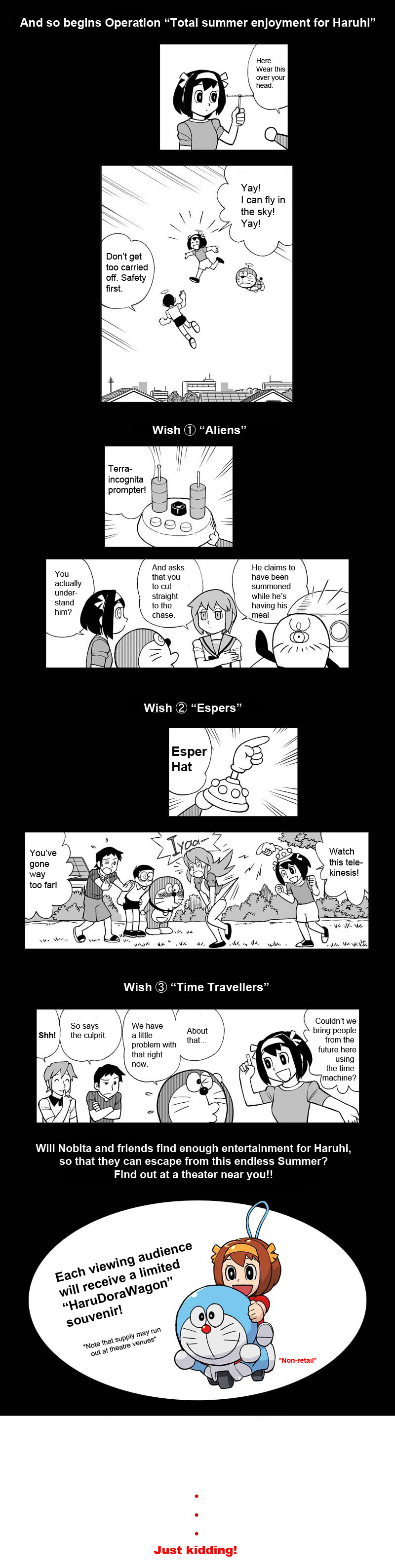 ueyama michirou, asahina mikuru, doraemon (character), koizumi itsuki, kyon, nagato yuki, nobi nobita, suzumiya haruhi, doraemon, suzumiya haruhi no yuuutsu, absurdres, hard-translated, highres, long image, tall image, third-party edit, translated, 3boys, 3girls, crossover, english text, multiple boys, multiple girls, parody, school uniform, serafuku, style parody