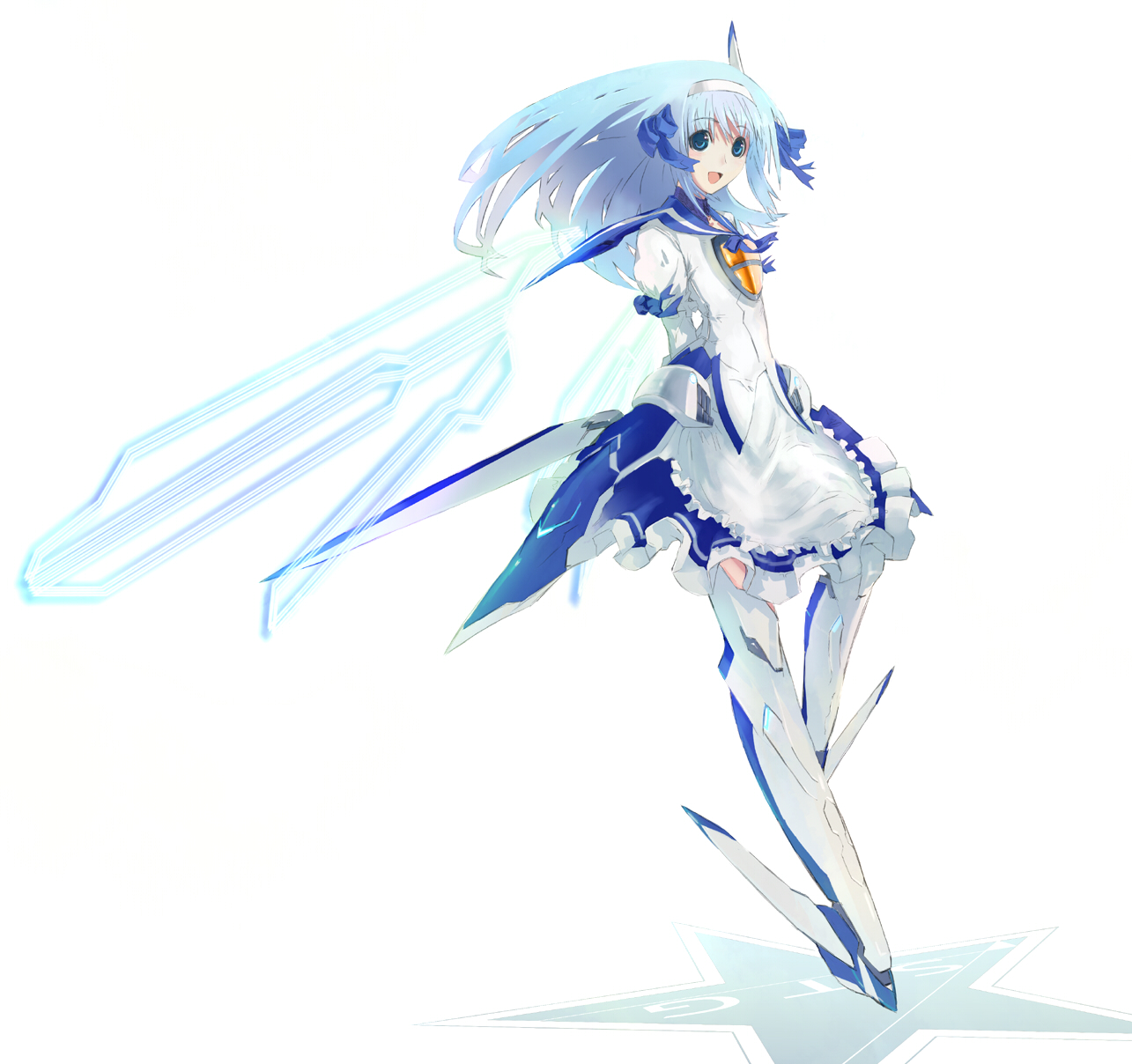 kiyo, star (ikaruga), vic viper, gradius, konami, highres, 1girl, apron, arms behind back, blue eyes, blue hair, bow, dress, female focus, hair bow, hair ribbon, hairband, long hair, matching hair/eyes, mecha musume, ribbon, solo, white background, wings