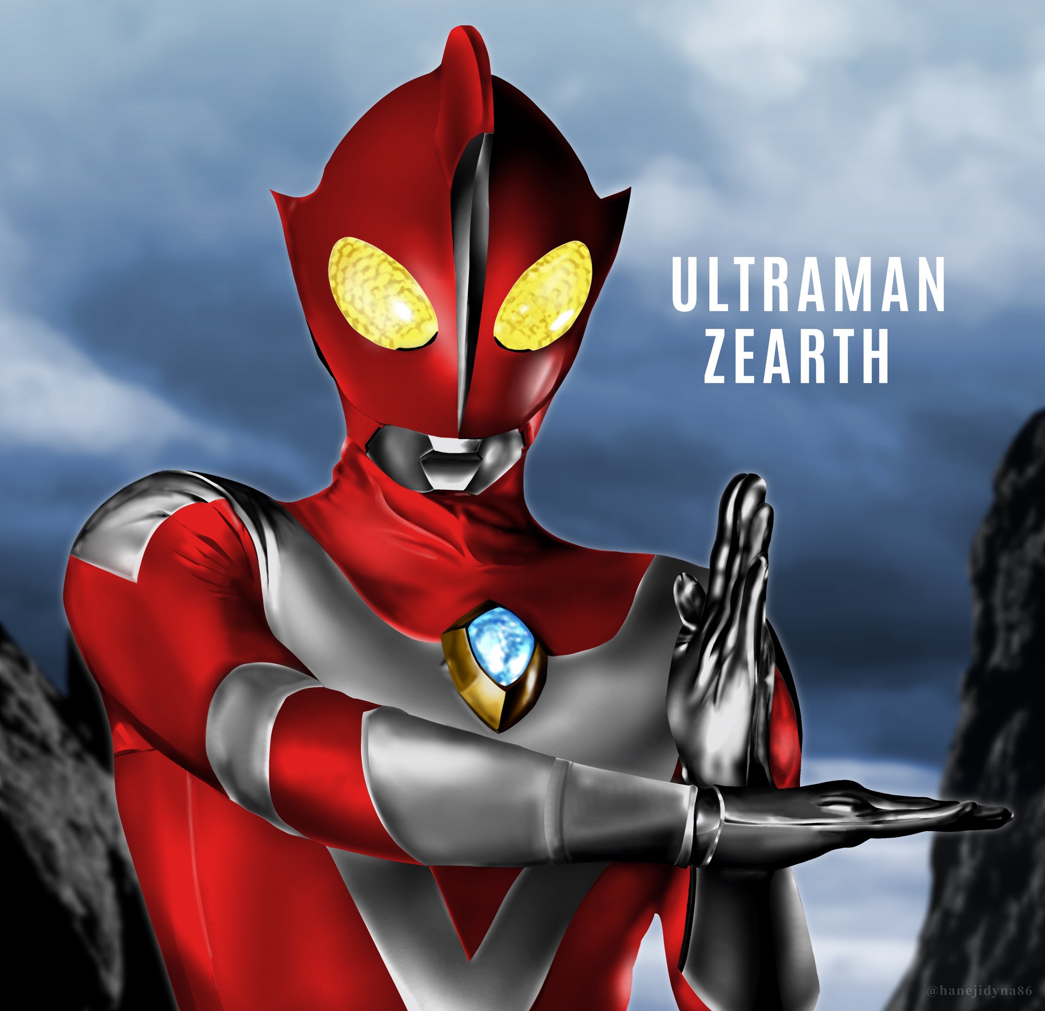 hanejidyna86, ultraman zearth, tokusatsu, ultra series, ultraman zearth (series), commentary, highres, 1boy, alien, blurry, blurry background, character name, color timer, colored skin, compound eyes, crossed wrists, dorsal fin, english text, giant, giant male, glowing, glowing eyes, looking at viewer, male focus, mountain, multicolored skin, muscular, muscular male, no pupils, outdoors, overcast, pectorals, red skin, silver skin, sky, solo, twitter username, two-tone skin, ultra beam, upper body, wrinkled skin, yellow eyes
