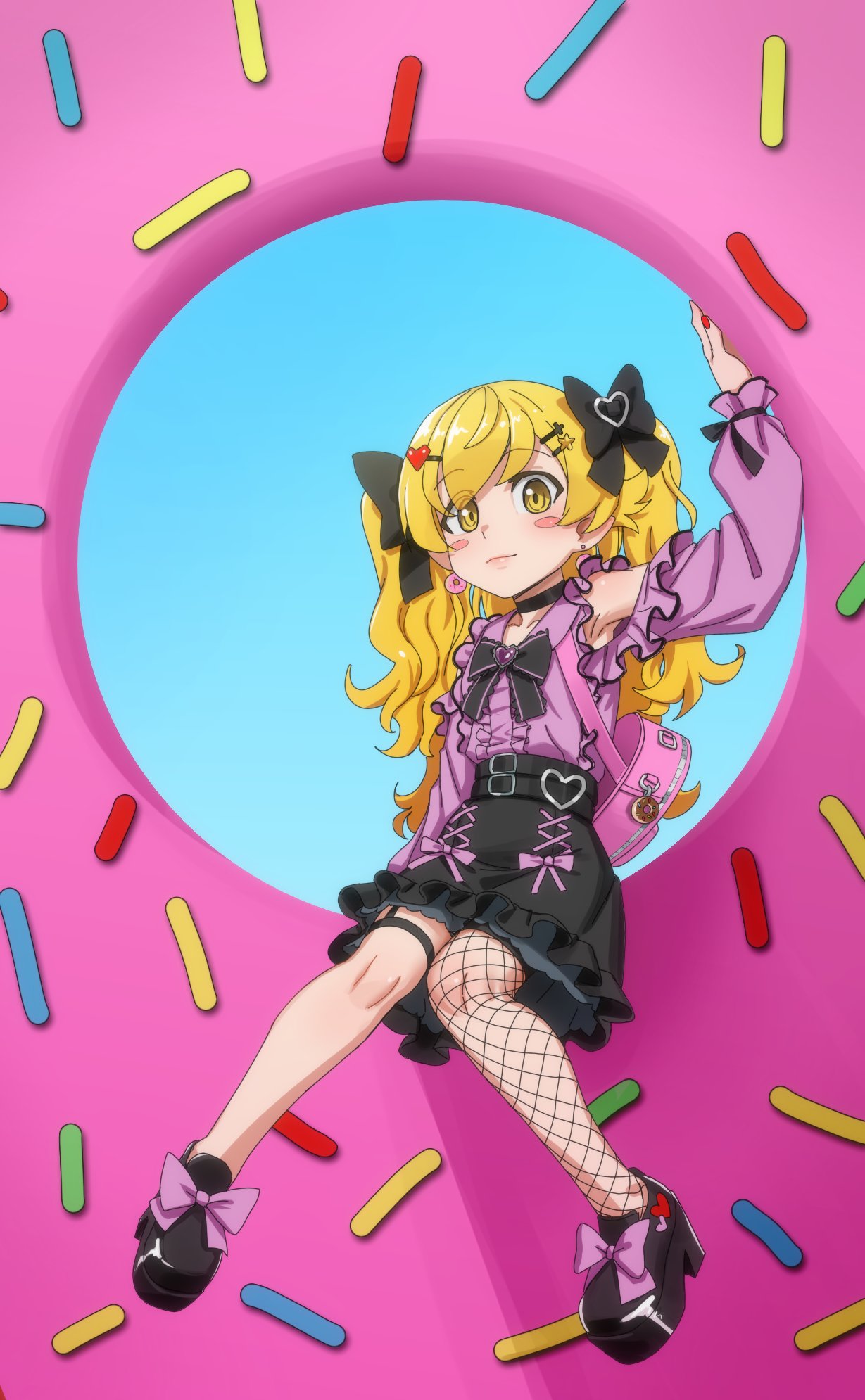 ricman rt, oshino shinobu, monogatari (series), highres, 1girl, arm at side, armpits, bag, bag charm, belt, belt buckle, black bow, black choker, black ribbon, black shoes, blonde hair, blue background, blush stickers, bow, bow skirt, buckle, center frills, charm (object), choker, closed mouth, clothing cutout, collarbone, colored petticoat, cross-laced clothes, cross hair ornament, curly hair, donut, donut earrings, earrings, eyes visible through hair, flat chest, food, food-themed earrings, footwear bow, frilled bow, frilled shirt, frilled skirt, frilled sleeves, frills, garter straps, gem, hair between eyes, hair bow, hair flaps, hair ornament, hand up, heart, heart-shaped bag, heart-shaped buckle, heart-shaped gem, heart hair ornament, heart print, high-waist skirt, high heels, jewelry, jirai kei, knees together feet apart, lips, long hair, long sleeves, looking at viewer, multiple belts, oversized food, oversized object, petticoat, pigeon-toed, pink donut, platform shoes, pointy ears, purple gemstone, purple shirt, red nails, ribbon, ringed eyes, shadow, shirt, shirt bow, shoes, shoulder bag, shoulder cutout, single bare leg, single fishnet legwear, sitting, sitting on food, skirt, sleeve ribbon, solo, sprinkles, star (symbol), star hair ornament, thigh strap, two side up, v-neck, yellow eyes
