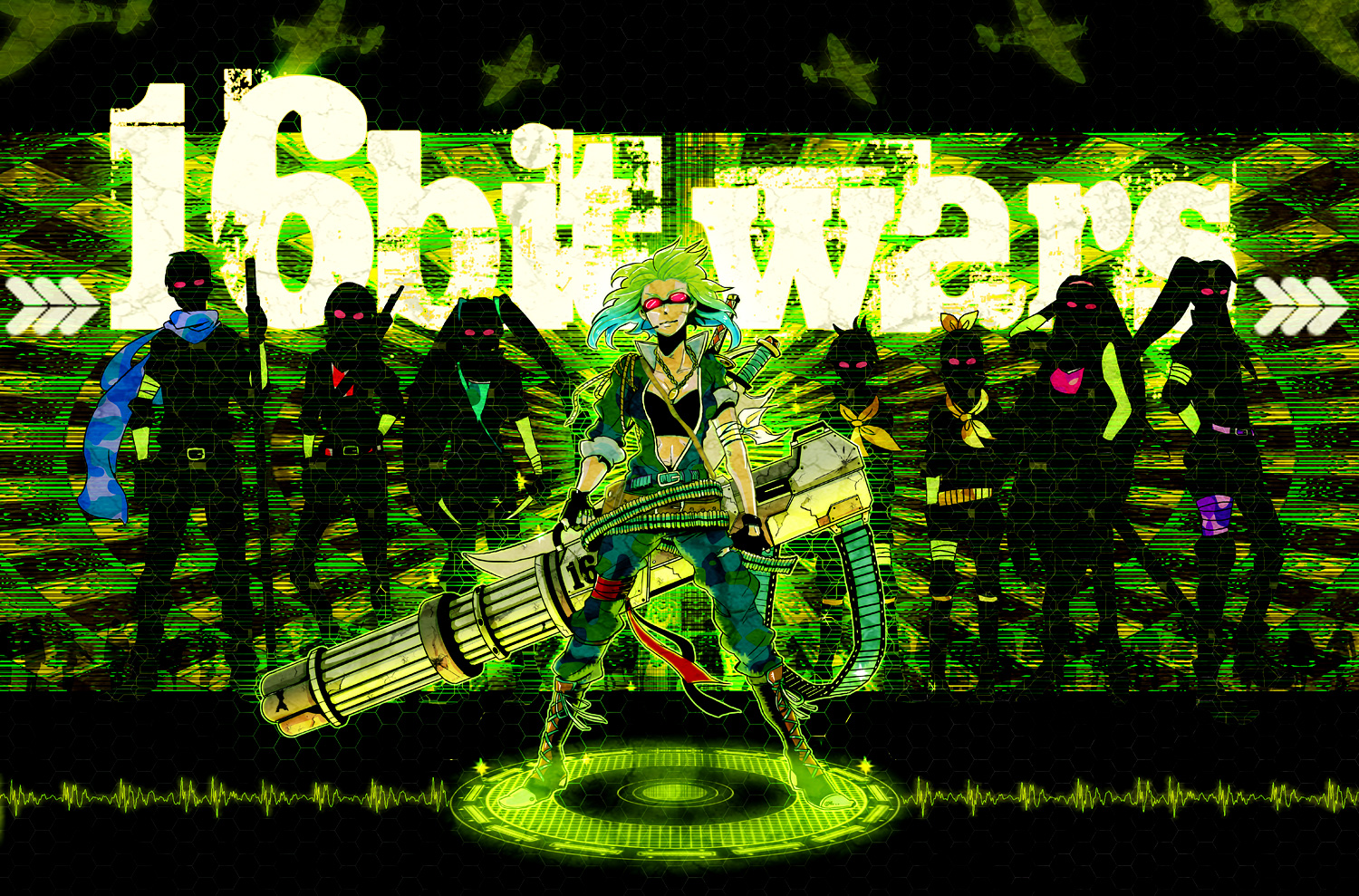 tkh, gumi, hatsune miku, kagamine len, kagamine rin, kaito (vocaloid), kamui gakupo, megurine luka, meiko (vocaloid), bokura no 16bit warz (vocaloid), vocaloid, bad id, bad pixiv id, 3boys, 5girls, belt, blue scarf, bokura no 16bit sensou (vocaloid), boots, everyone, family, fingerless gloves, gatling gun, gloves, glowing, goggles, green boots, green eyes, green hair, gun, hair ribbon, headphones, headset, huge weapon, katana, long hair, machine gun, midriff, military, military uniform, multiple boys, multiple girls, ponytail, ribbon, scarf, short hair, silhouette, smile, sword, twintails, weapon