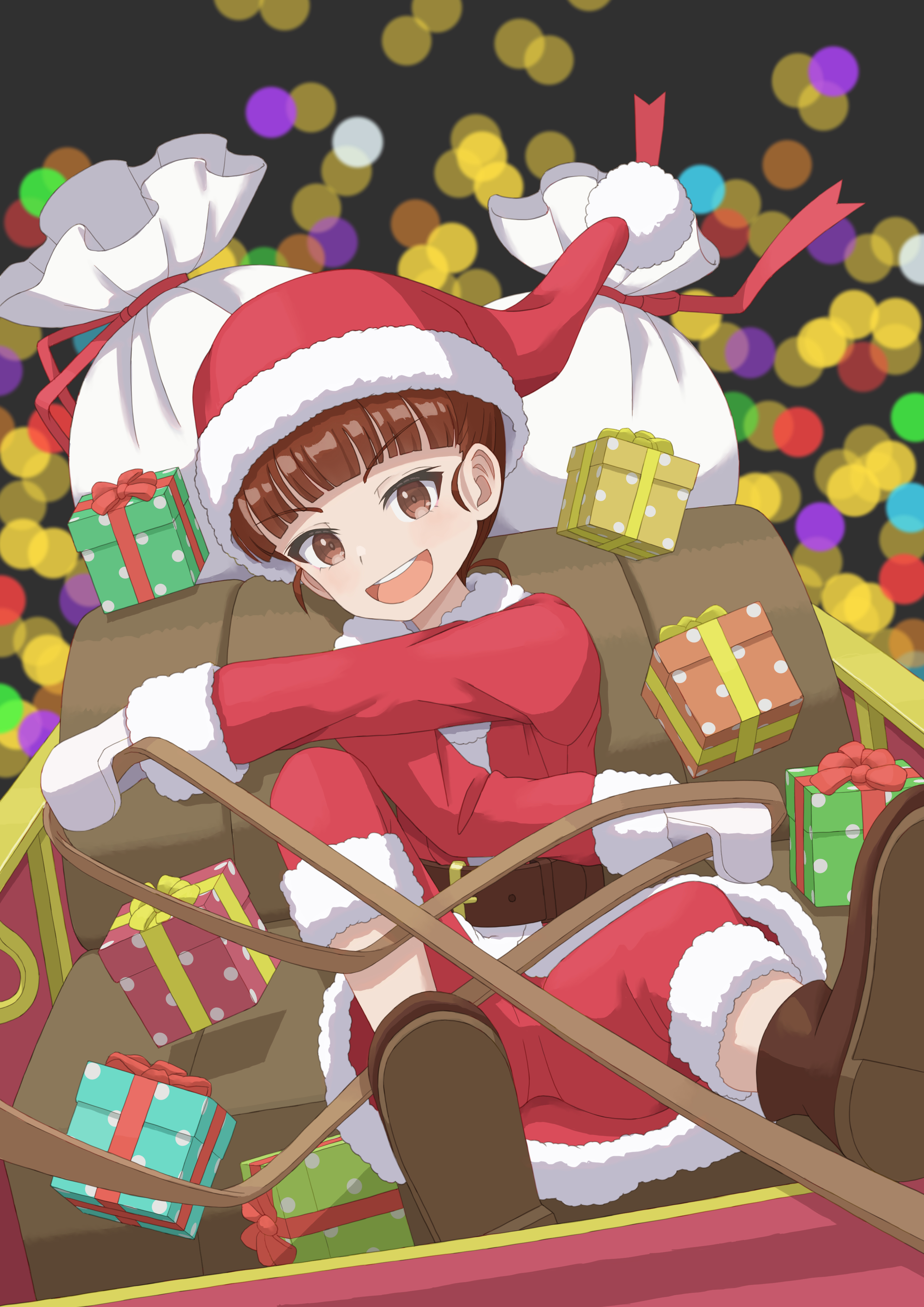 qgkmn541, mikko (girls und panzer), girls und panzer, absurdres, commentary request, highres, 1girl, alternate costume, bag, belt, blurry, blurry background, box, brown belt, dress, flying, gift, gift box, hat, long hair, open mouth, red eyes, red hair, santa costume, santa dress, santa hat, sitting, sleigh, smile, solo, teeth, upper teeth only