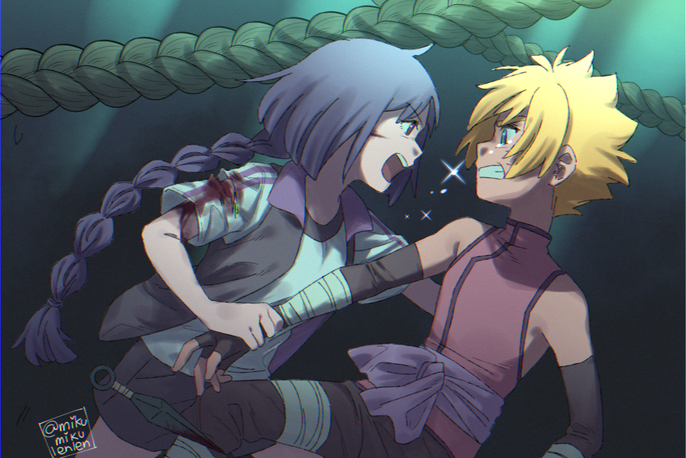 ariamikukanzaki, kakei sumire, uzumaki boruto, boruto: naruto next generations, naruto (series), commentary, english commentary, 1boy, 1girl, black gloves, black pants, black shorts, blonde hair, blood, blood on arm, blood on clothes, blood on face, blue eyes, braid, braided ponytail, clenched teeth, crying, elbow gloves, fingerless gloves, gloves, holding another's wrist, jacket, kunai, long hair, open mouth, pants, pink shirt, purple eyes, purple hair, shirt, short-sleeved jacket, short sleeves, shorts, signature, single braid, sleeveless, sleeveless shirt, tears, teeth, turtleneck, turtleneck shirt, very long hair, weapon, white shirt