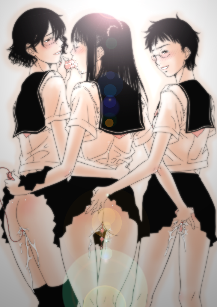 gusu, original, 3girls, anal, anal beads, assisted exposure, black hair, blush, clothes lift, dildo, fingering, from behind, glasses, lens flare, long hair, multiple girls, no panties, piercing, pink theme, pussy, pussy juice, school uniform, sepia, serafuku, sex toy, short hair, skirt, skirt lift, uncensored, vibrator, yuri
