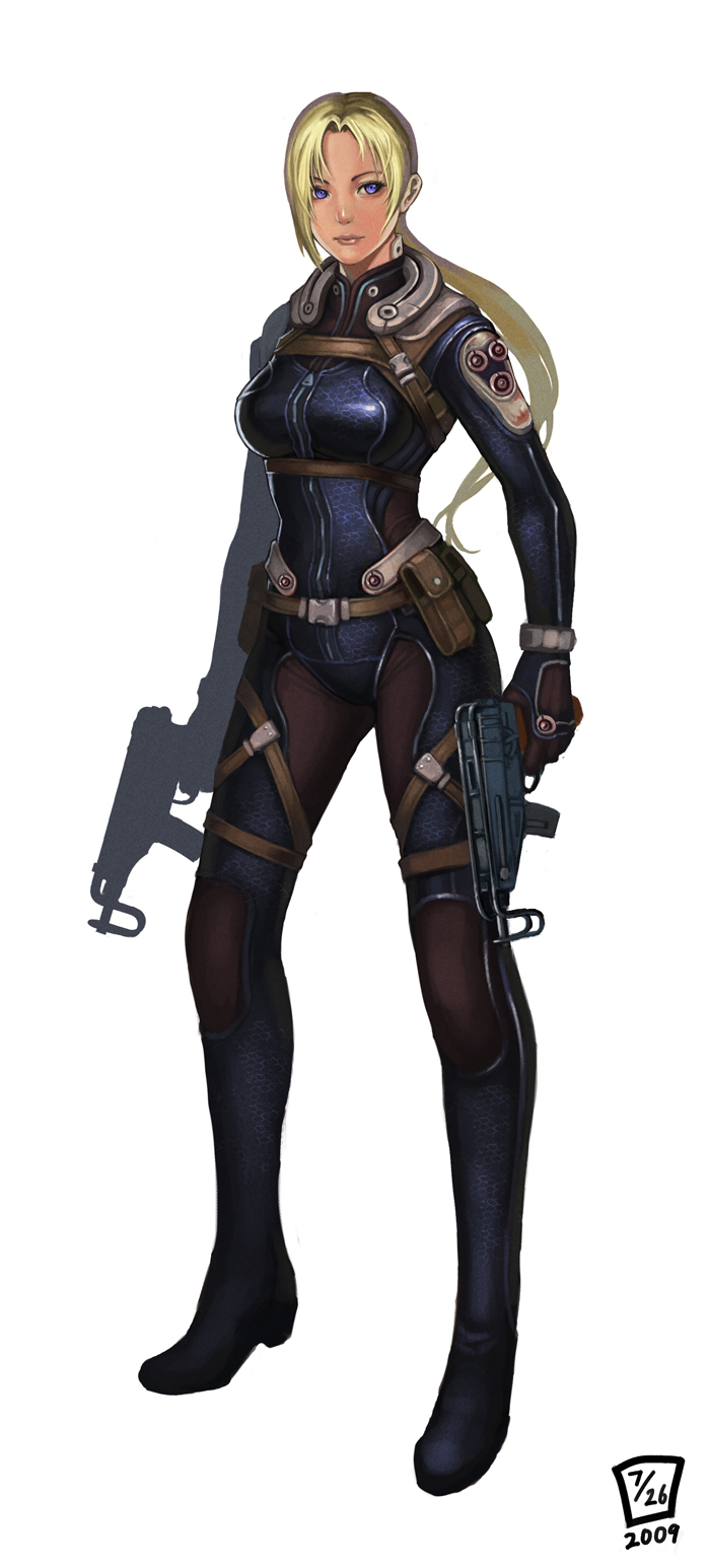lieqi hun, jill valentine, resident evil, resident evil 5, machine pistol, bad id, bad pixiv id, highres, long image, tall image, 1girl, blonde hair, blue eyes, bodysuit, breasts, buckle, dual wielding, female focus, gun, holding, legs, lips, long hair, ponytail, realistic, scorpion, simple background, skorpion vz. 61, snap-fit buckle, solo, submachine gun, weapon